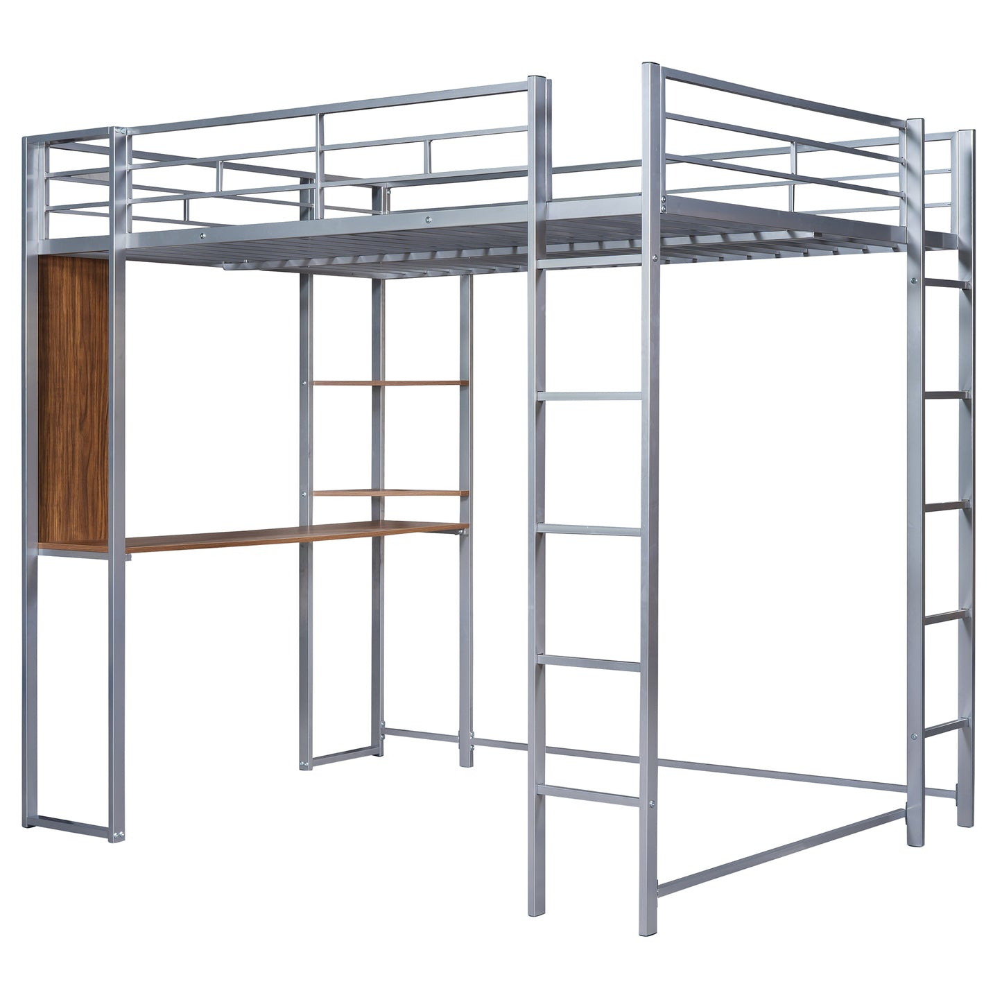 Silver metal loft bed with integrated desk and shelves