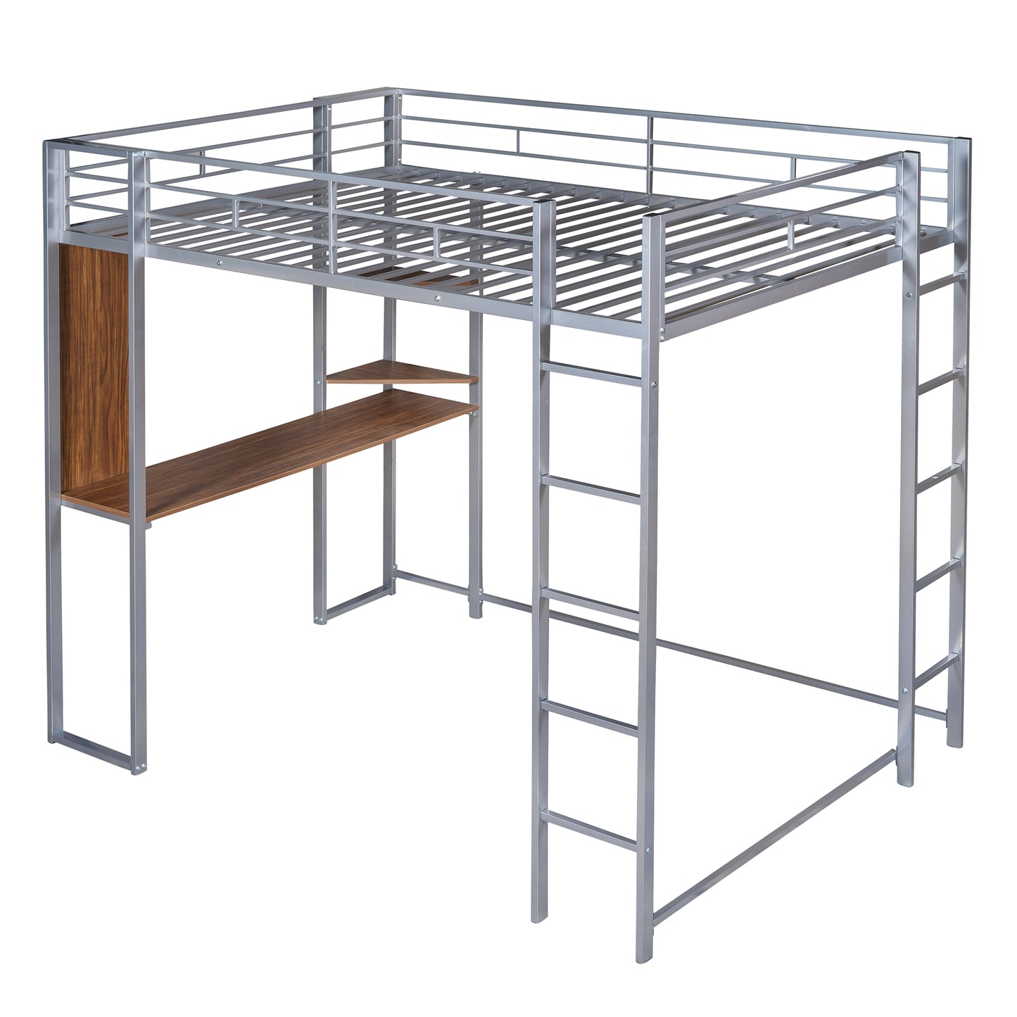 Silver metal loft bed with integrated desk and shelves perfect for small bedrooms