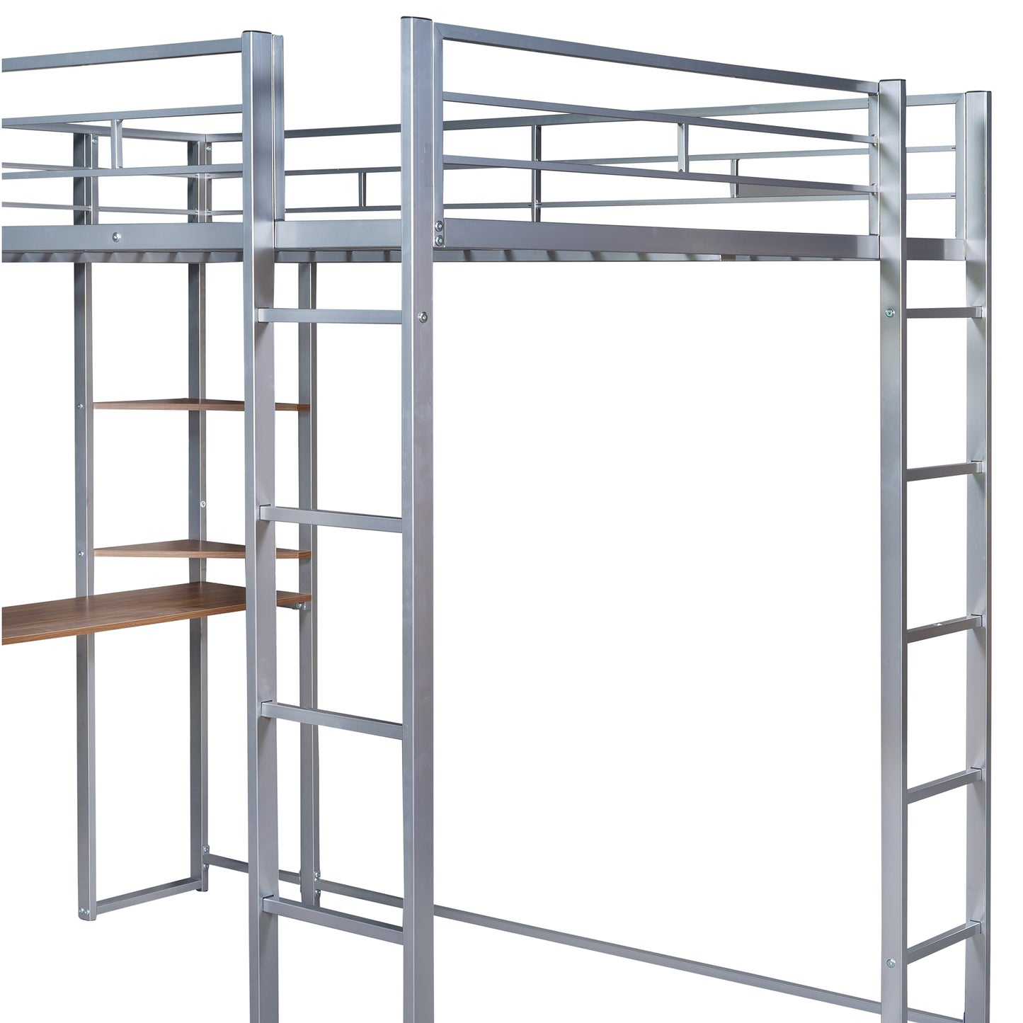 Silver metal loft bed with desk and shelves