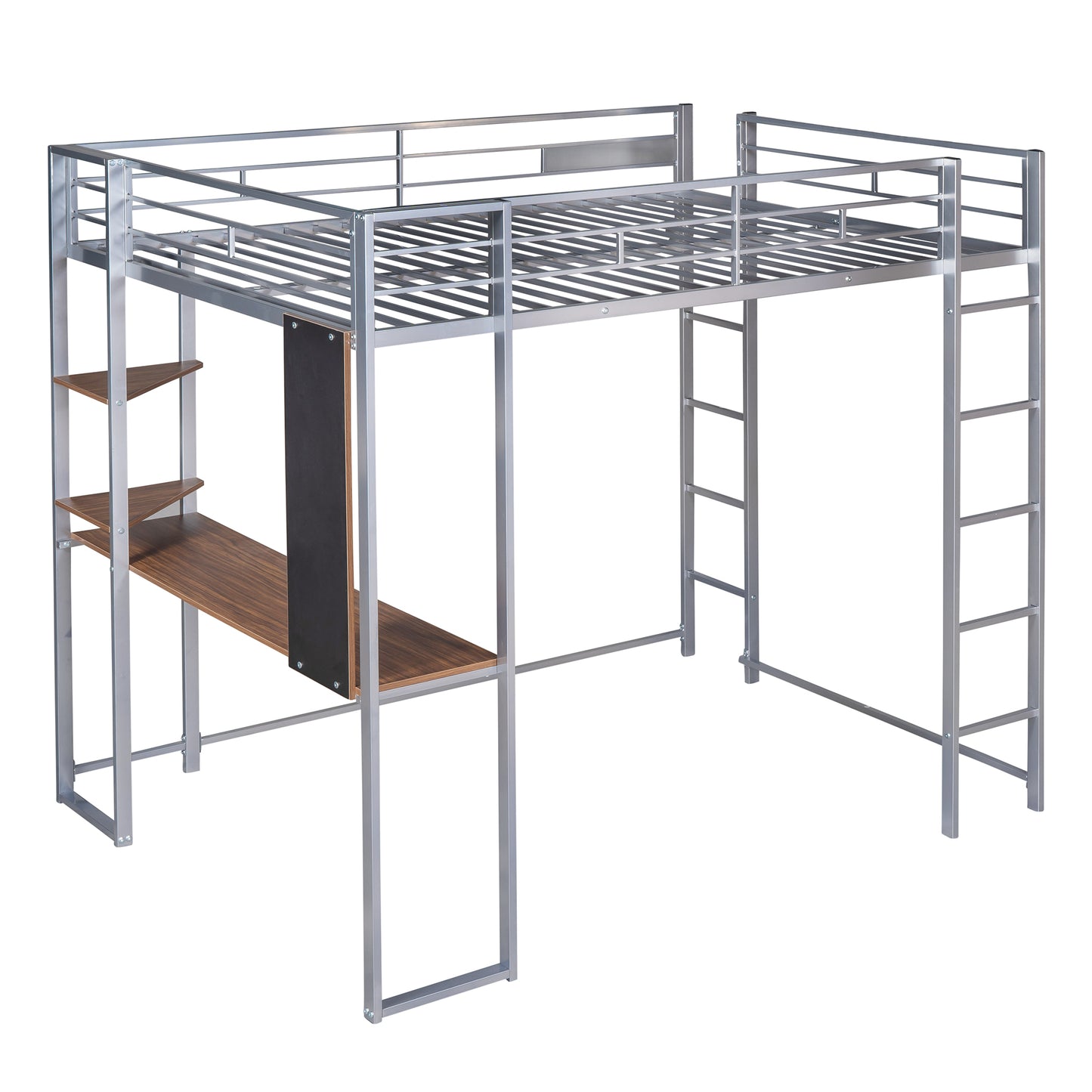 Silver metal loft bed with desk and shelves