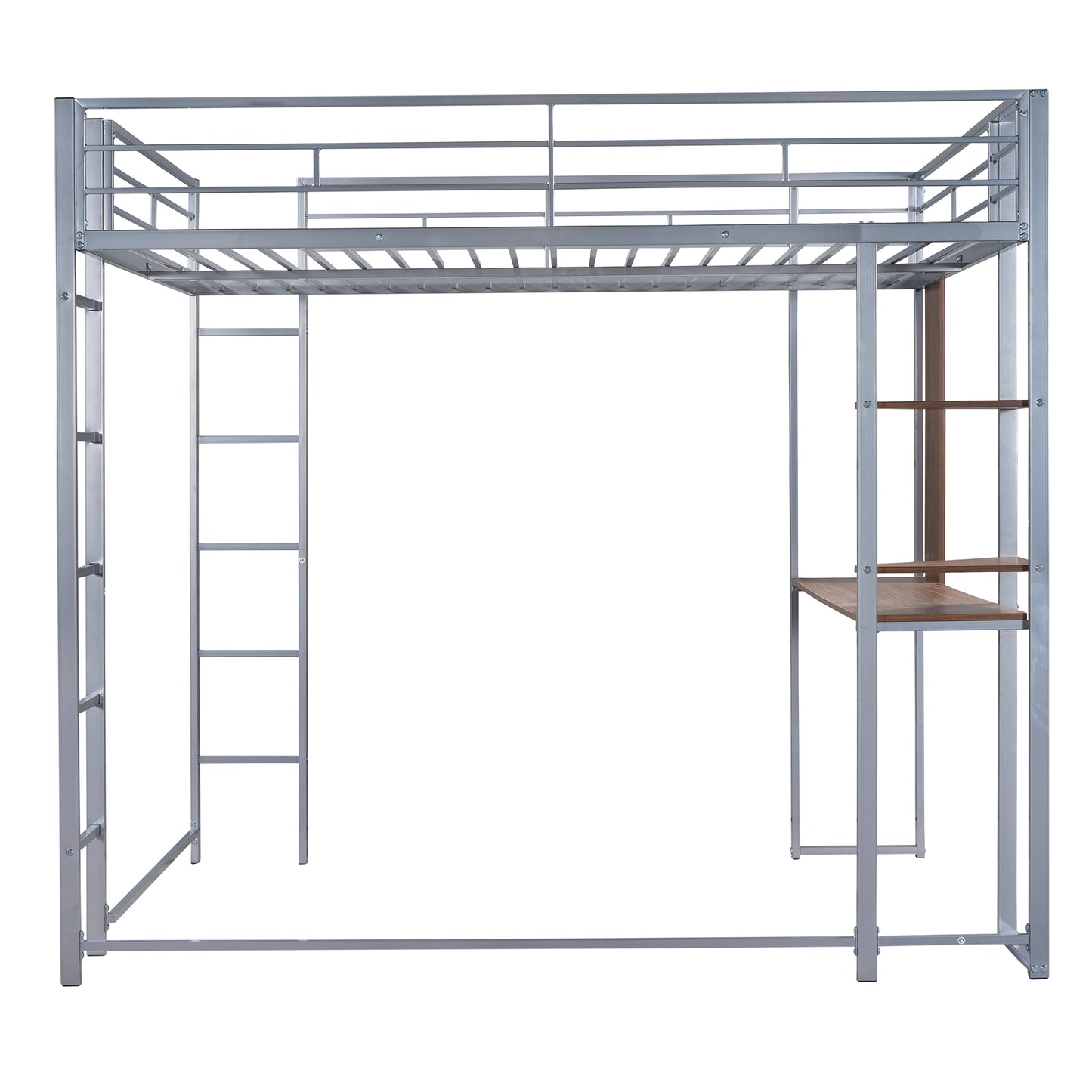 Silver metal loft bed with integrated desk and shelves