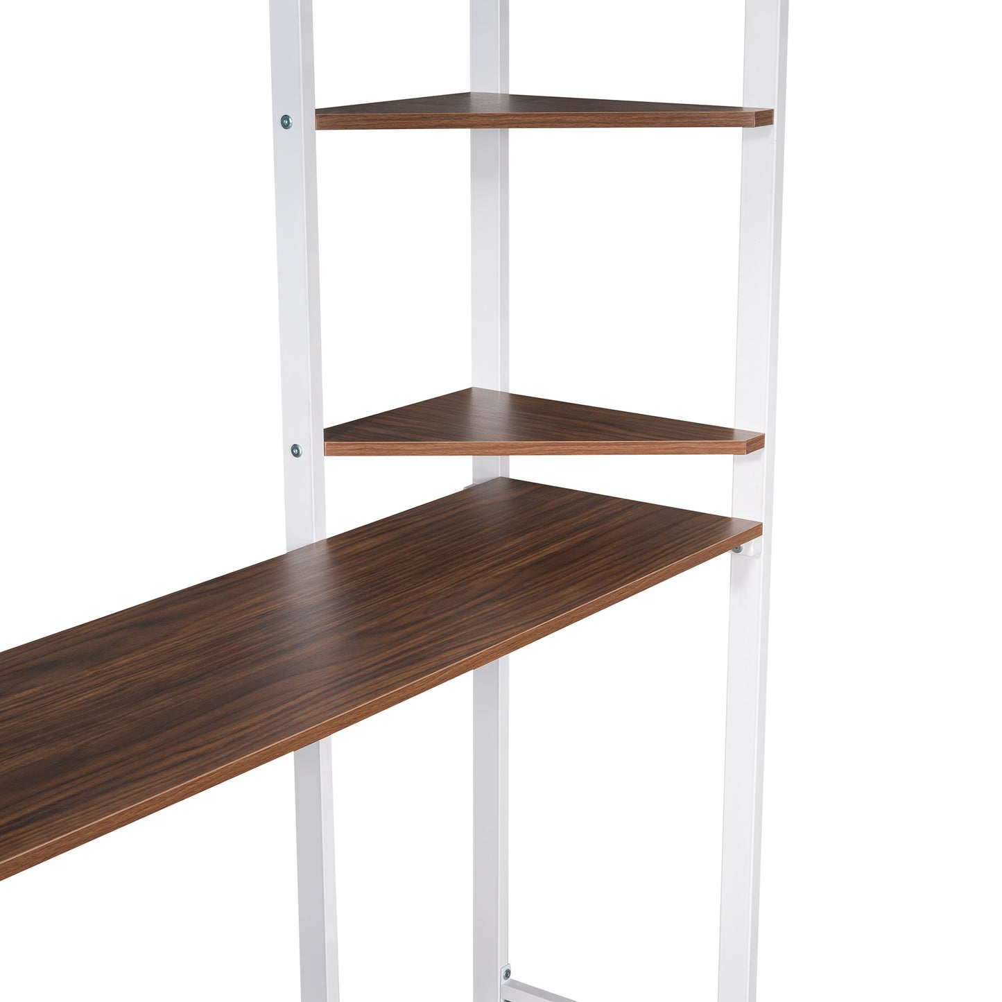 Corner bookshelf with dark wood shelves and white frame