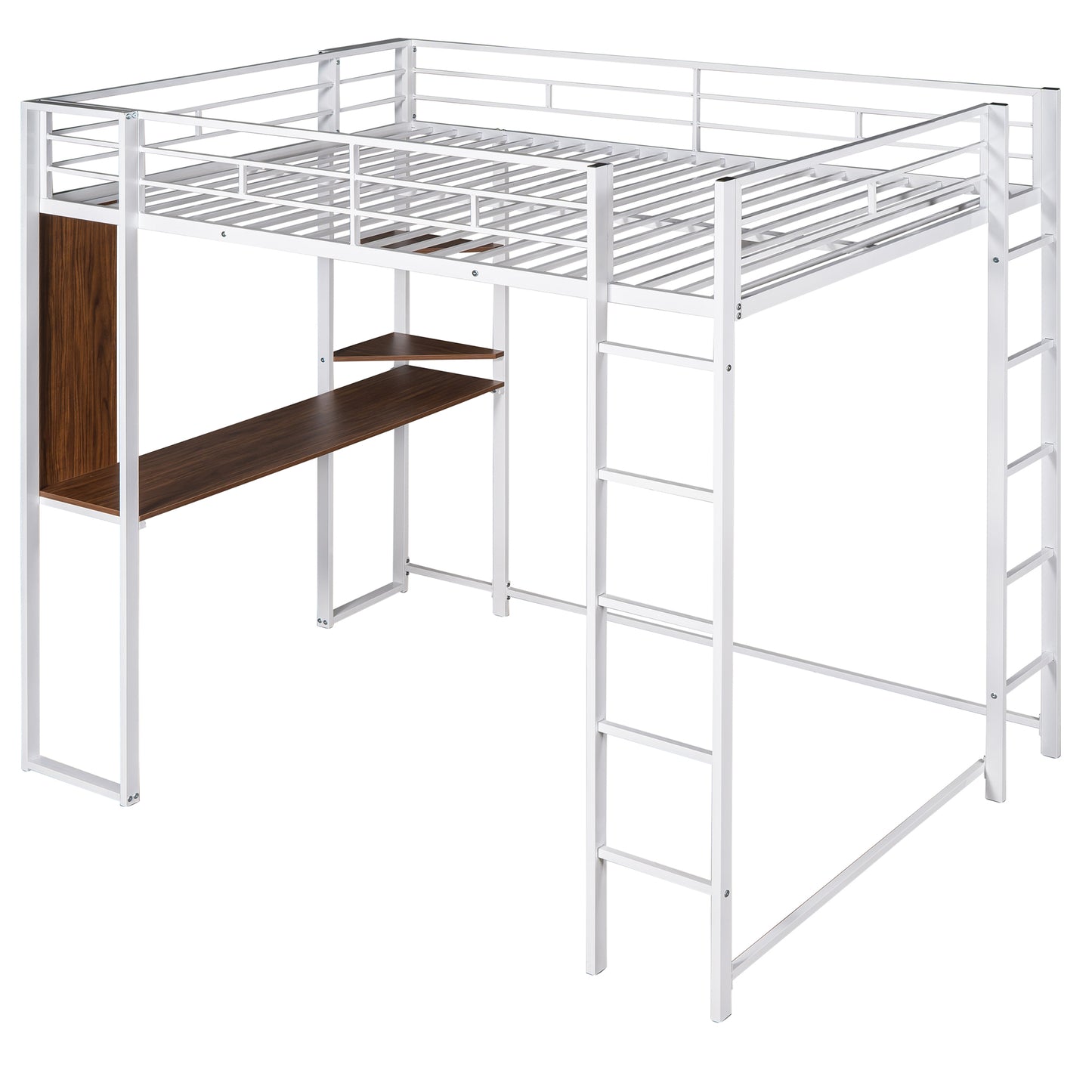 White metal loft bed with integrated desk and shelving