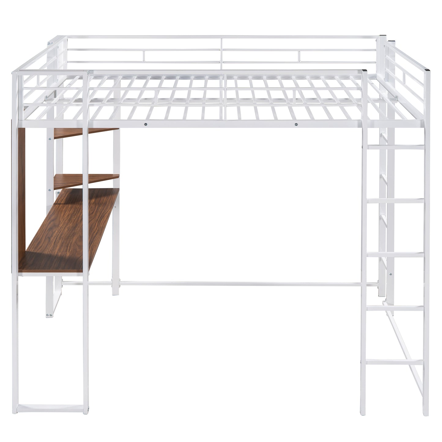 White metal loft bed with desk and wood shelves