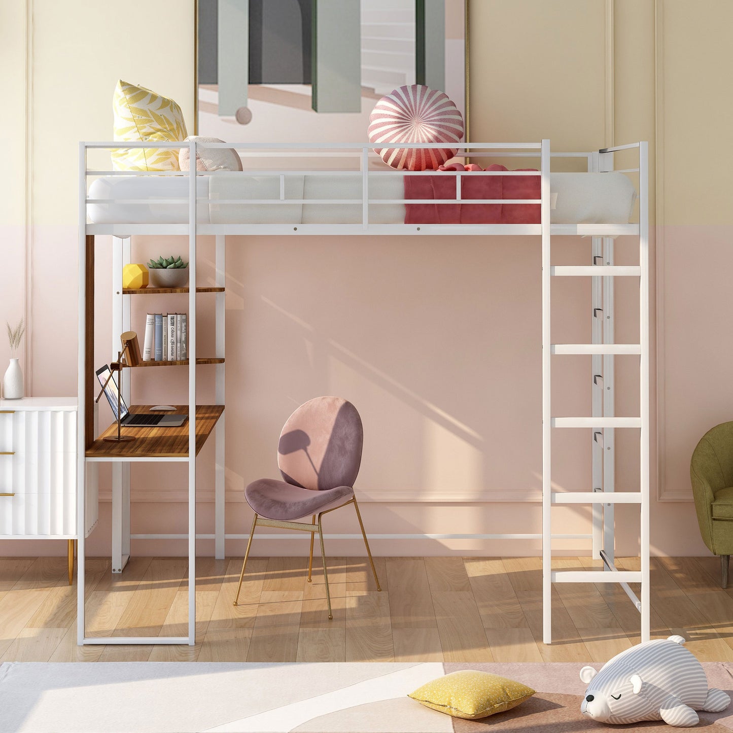 White metal loft bed with integrated desk and shelves