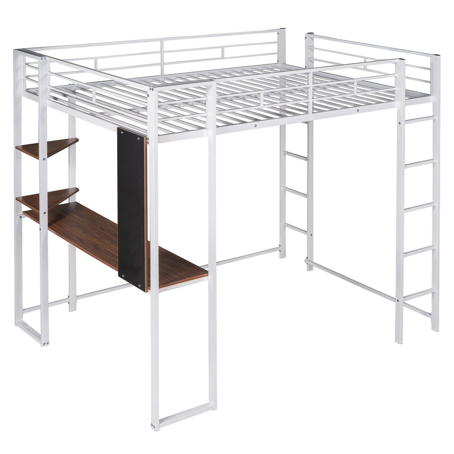 White metal loft bed with integrated desk and shelves