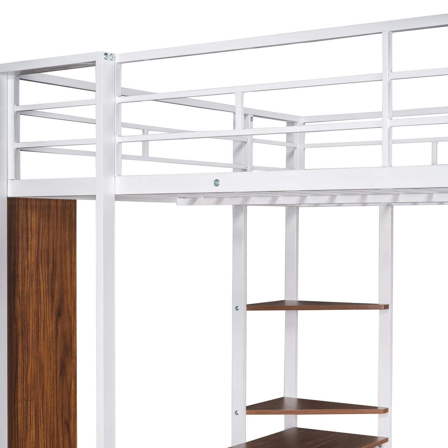 White metal loft bed frame with builtin woodgrain shelving