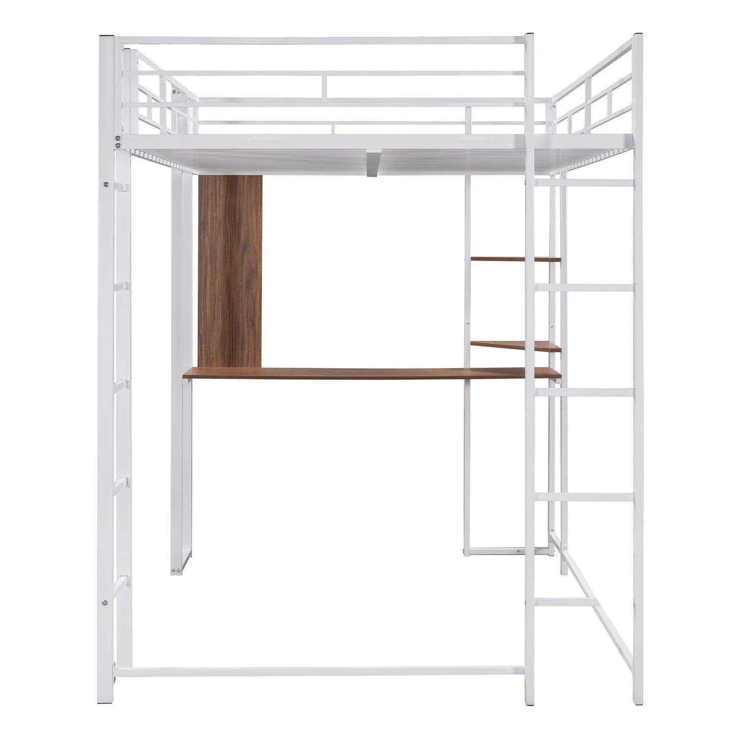 White metal loft bed with integrated desk and wooden shelves