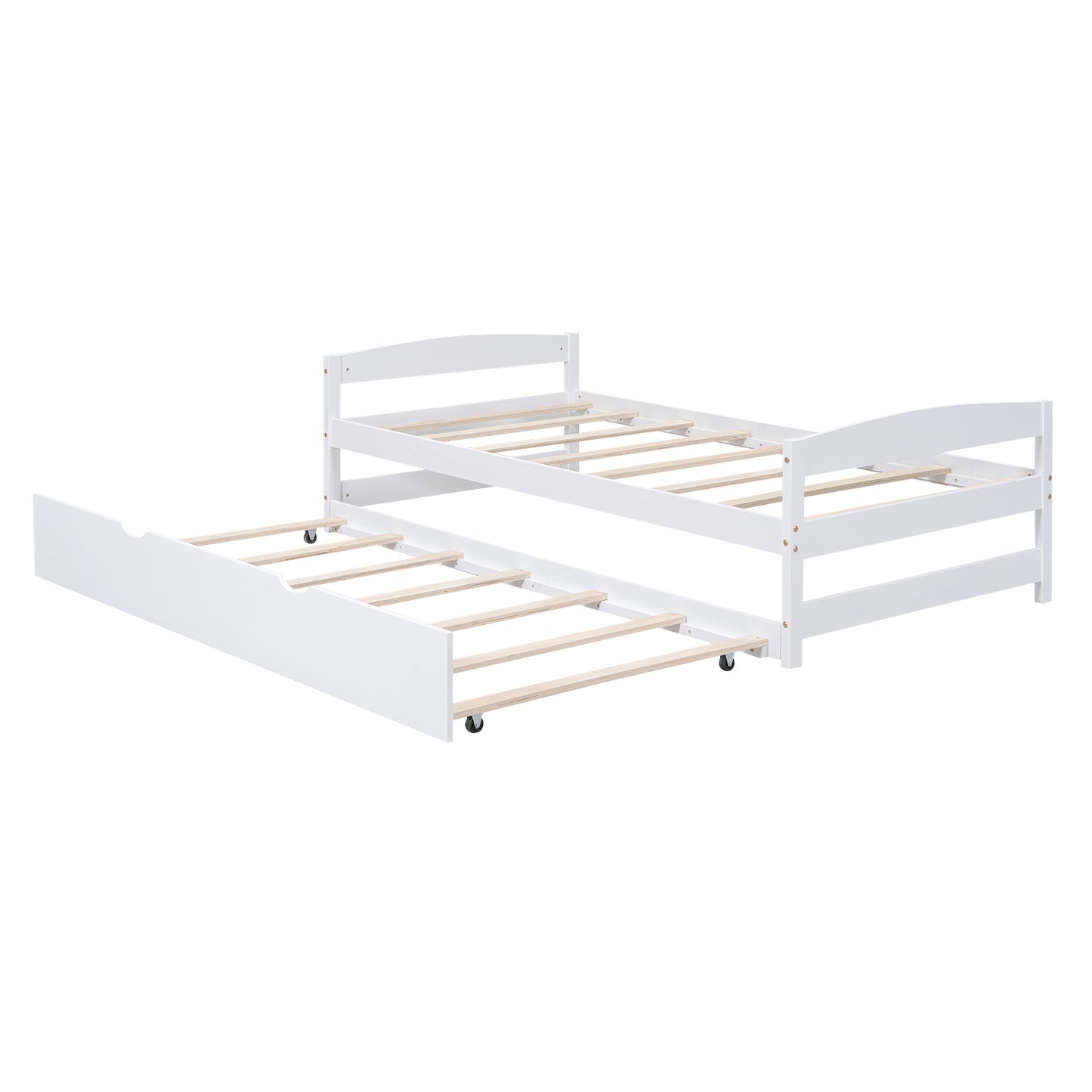 White wooden twin bed frame with pullout trundle