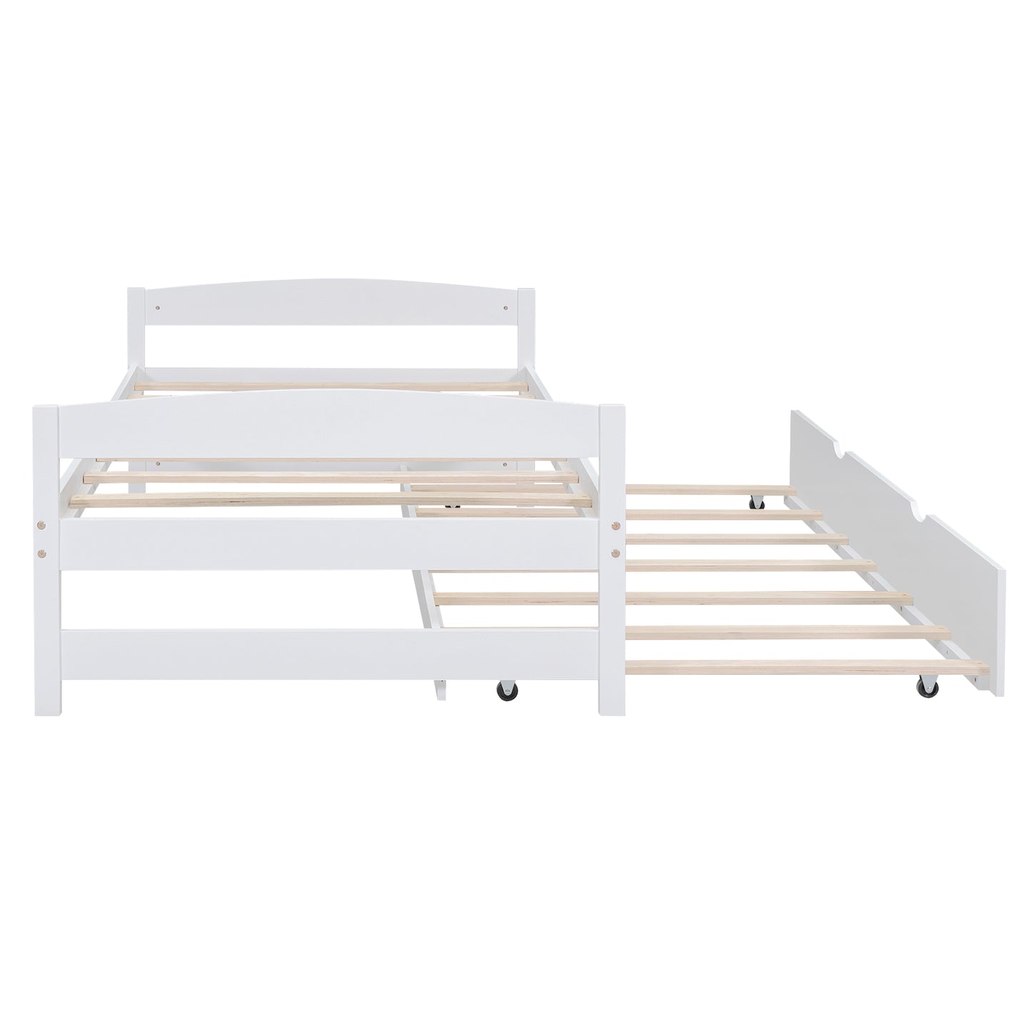 White wooden twin bed frame with pullout trundle bed fully extended