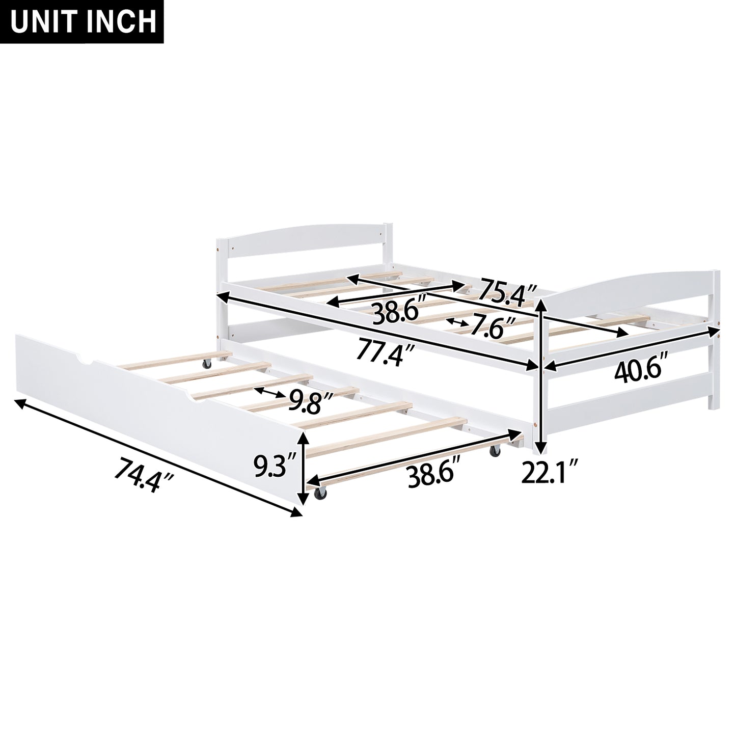 White twin size daybed with trundle featuring detailed dimensions for size and height