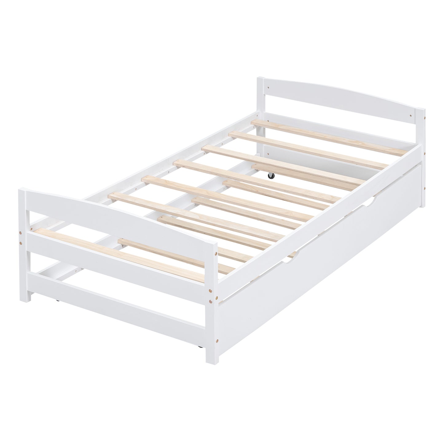 White wooden twin bed frame with slats