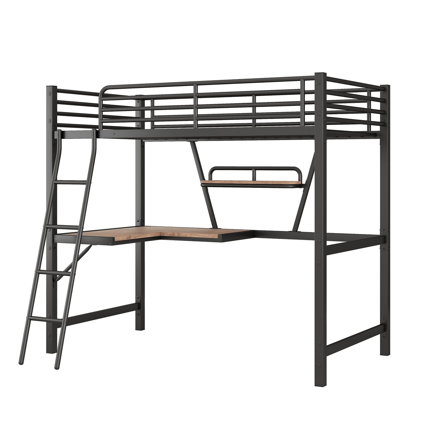 Black metal loft bed with desk and attached ladder