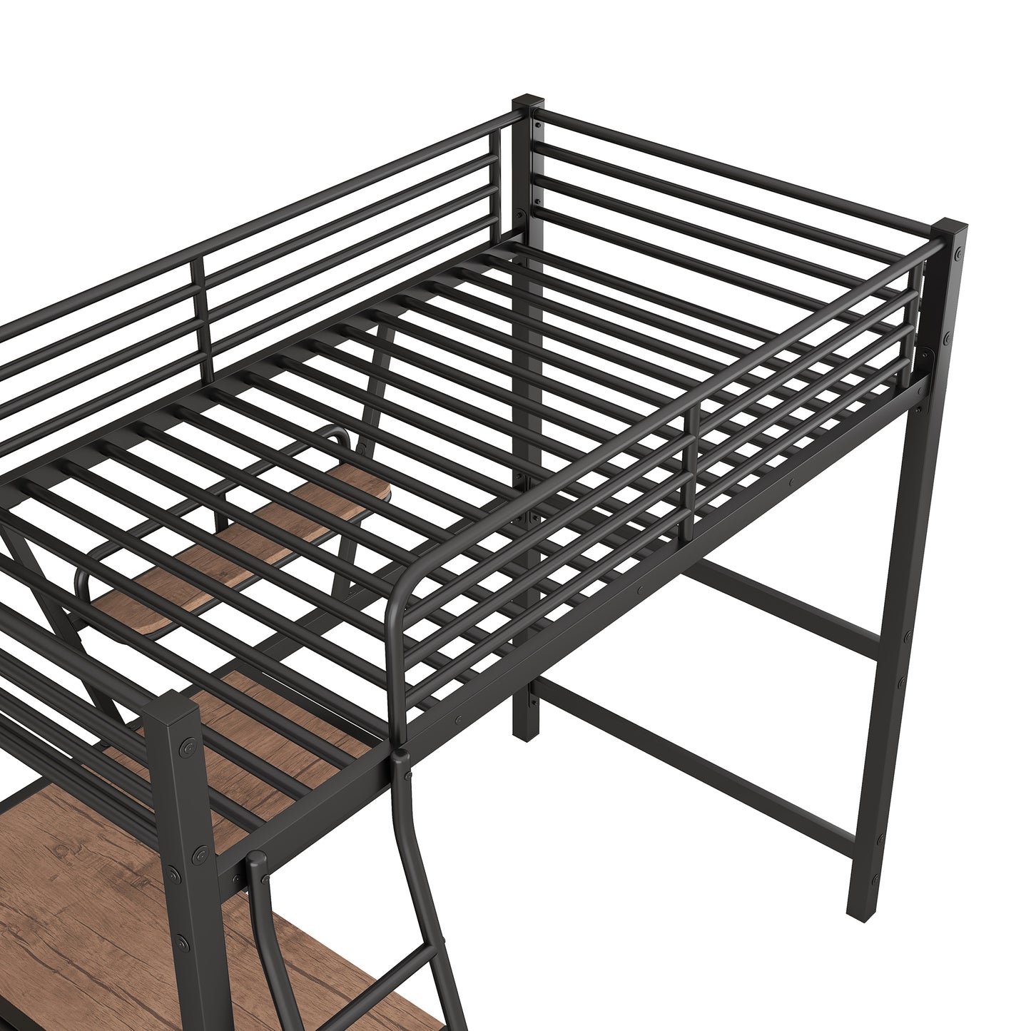 Black metal loft bed with wooden slats and integrated ladder for spacesaving design
