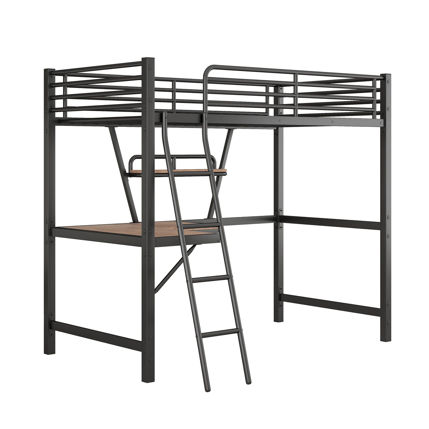 Black metal loft bed with integrated desk and ladder