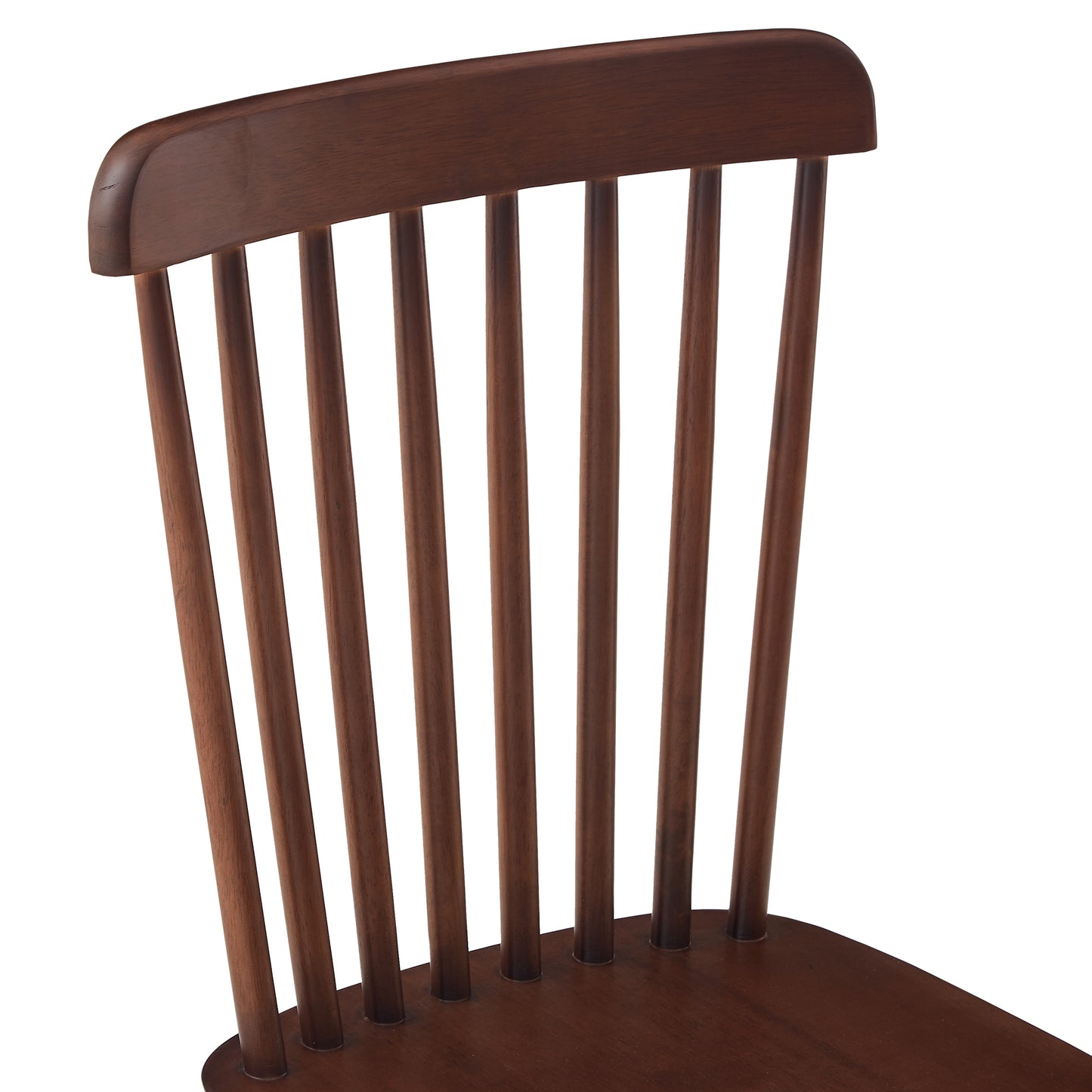 Dark wood dining chair with spindle back and curved top rail