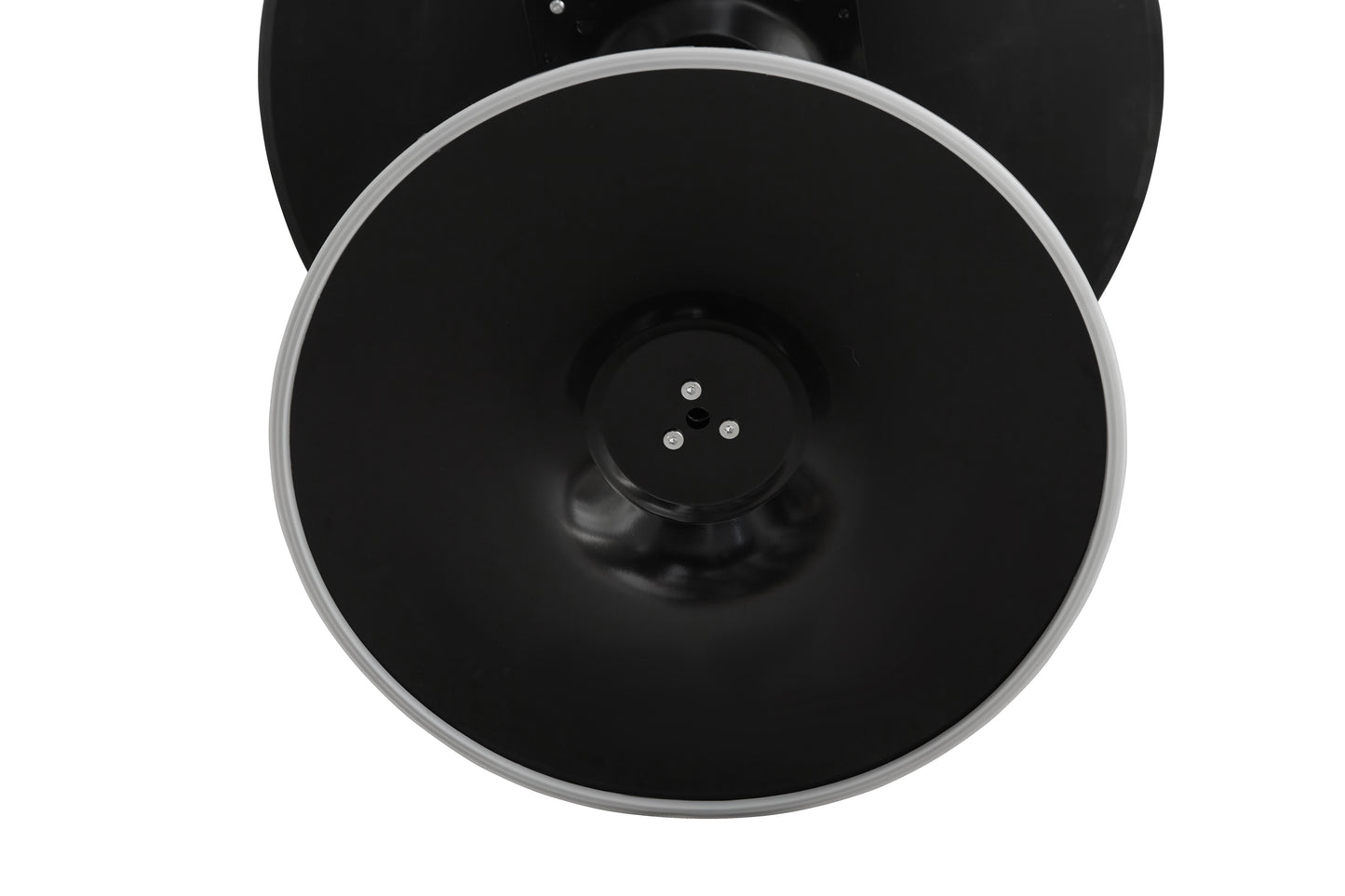 Black stainless steel turntable plate with silver rim and central hub