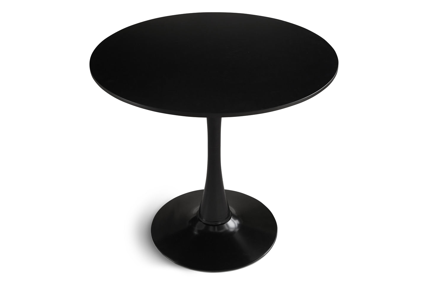 Black modern accent table with a round top and flared pedestal base