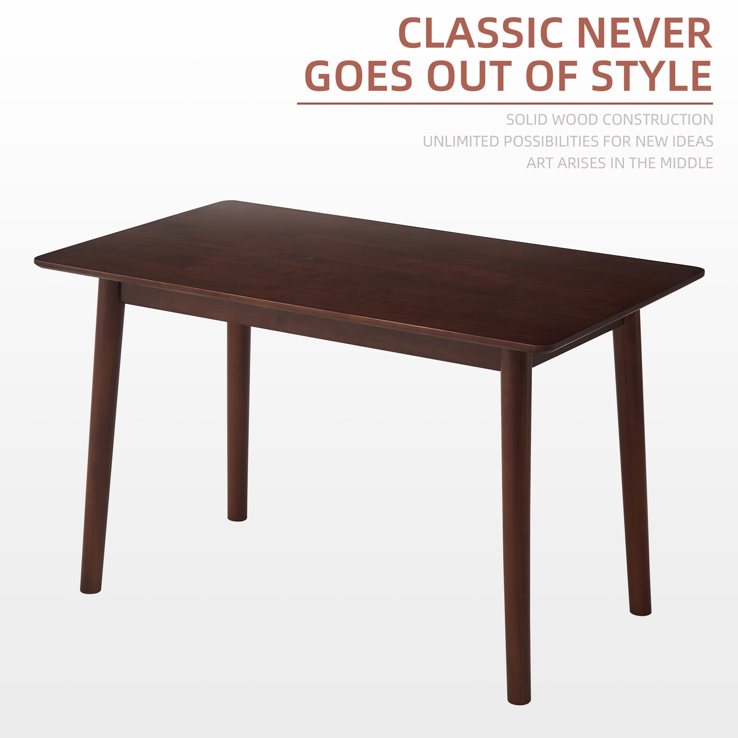 Dark wood dining table with rounded corners and tapered legs