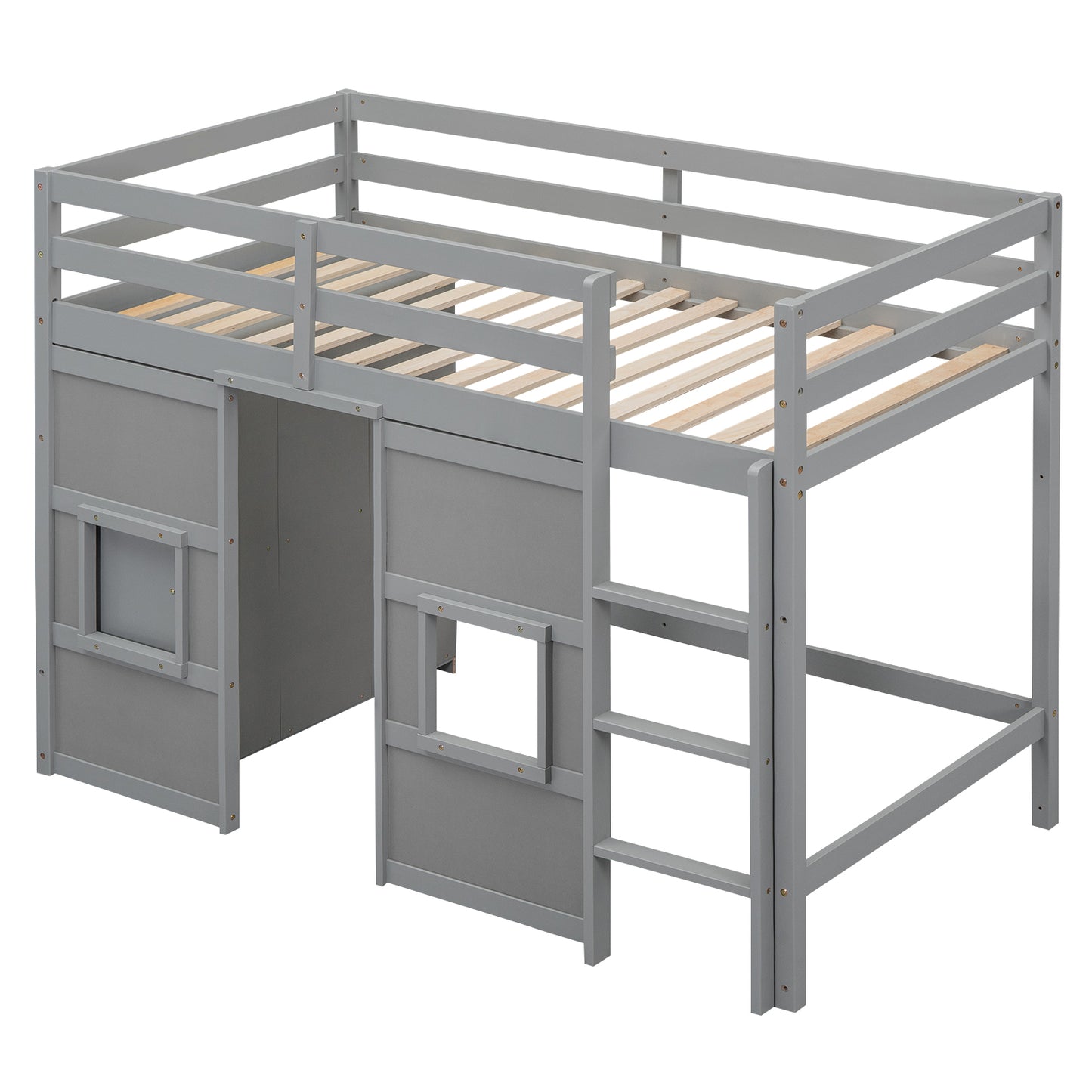Grey wooden loft bed with playful cutouts and ladder for children