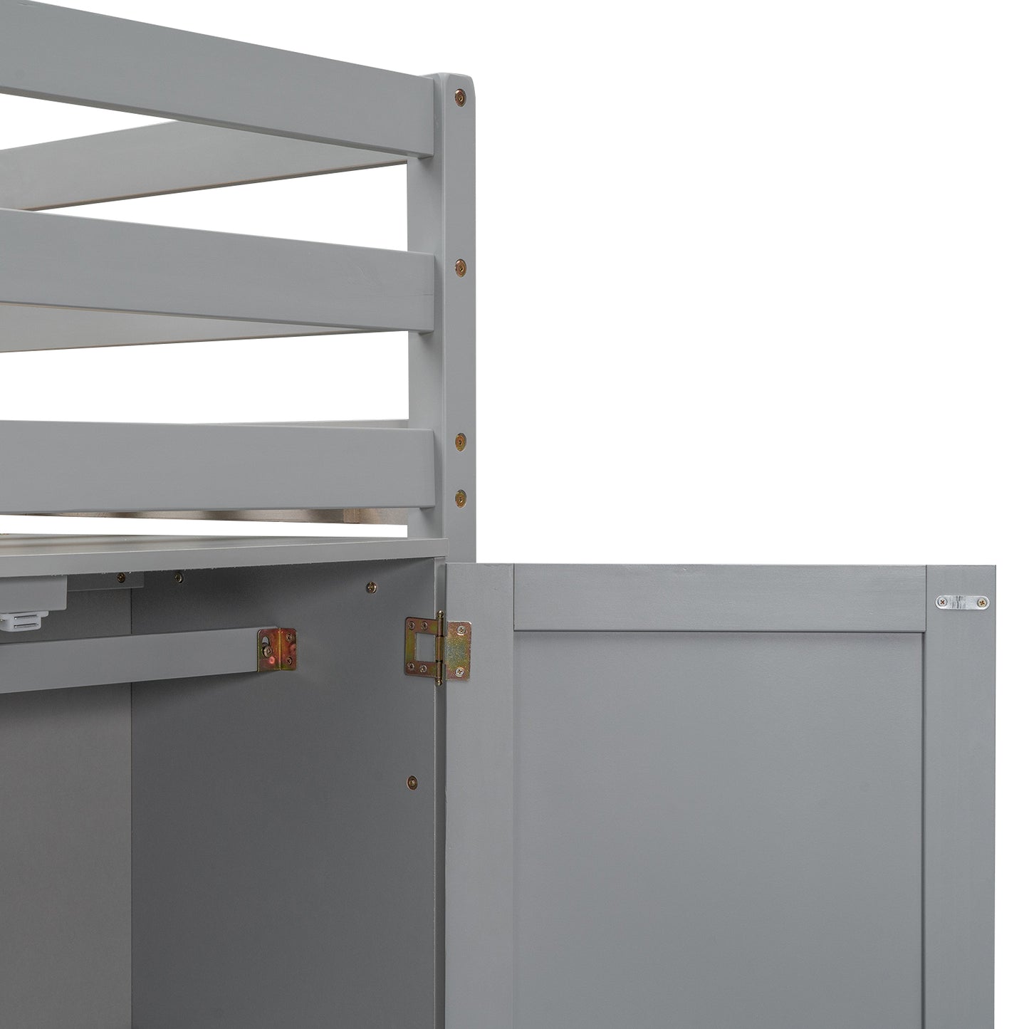 Gray wooden bunk bed frame detail showing slatted sides