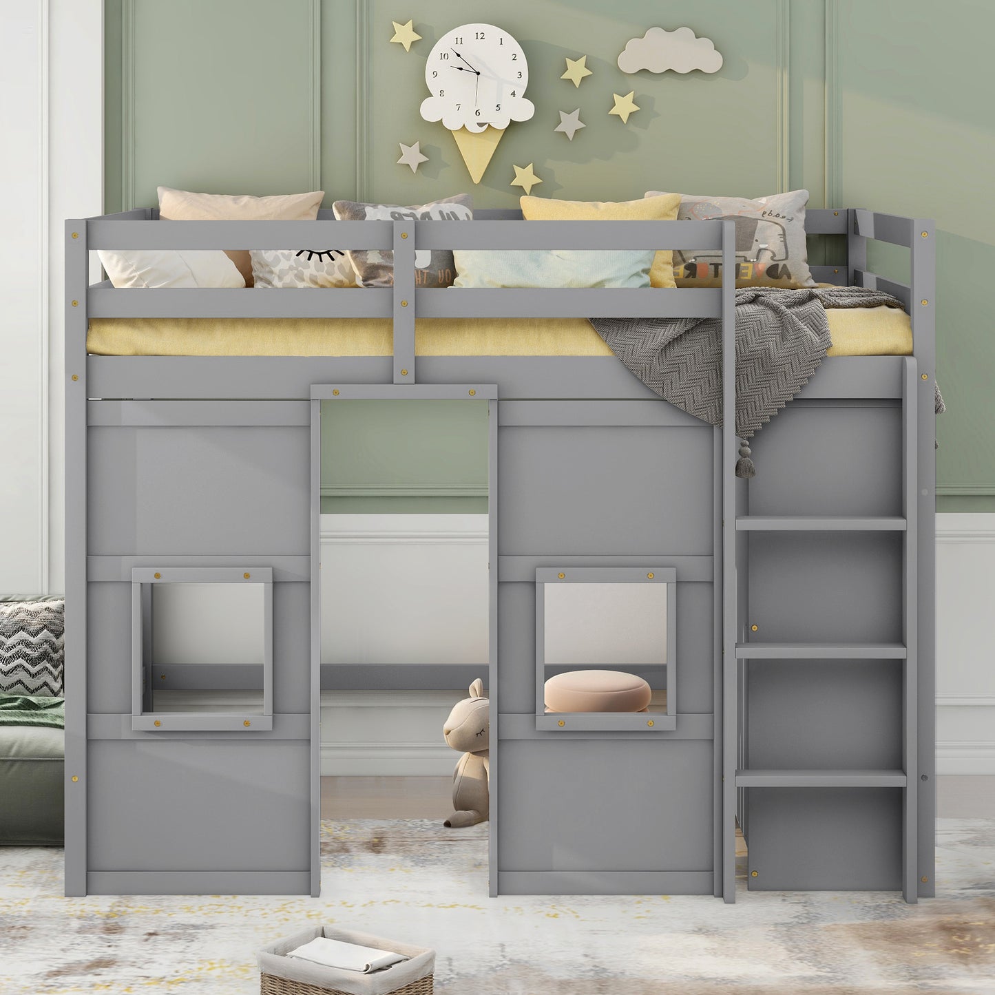 Gray wooden loft bed with yellow bedding and patterned pillows