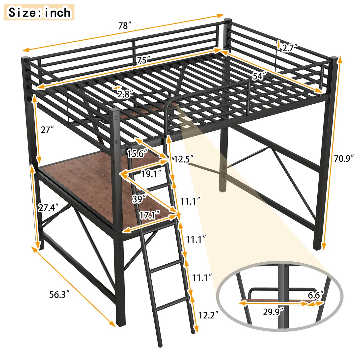 Black metal loft bed with a twin size mattress platform and a wooden desk surface below