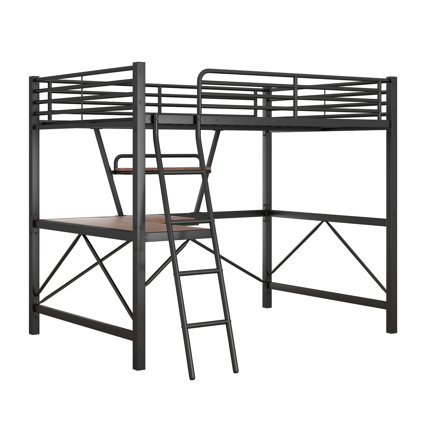 Black metal twin loft bed with desk and ladder