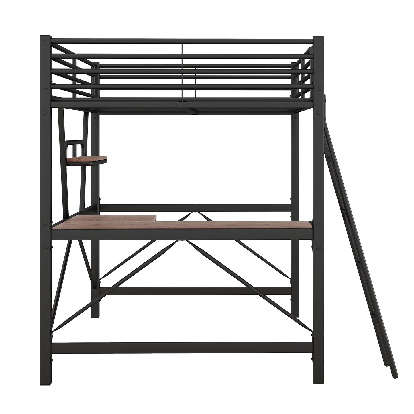 Black metal loft bed with integrated desk and ladder