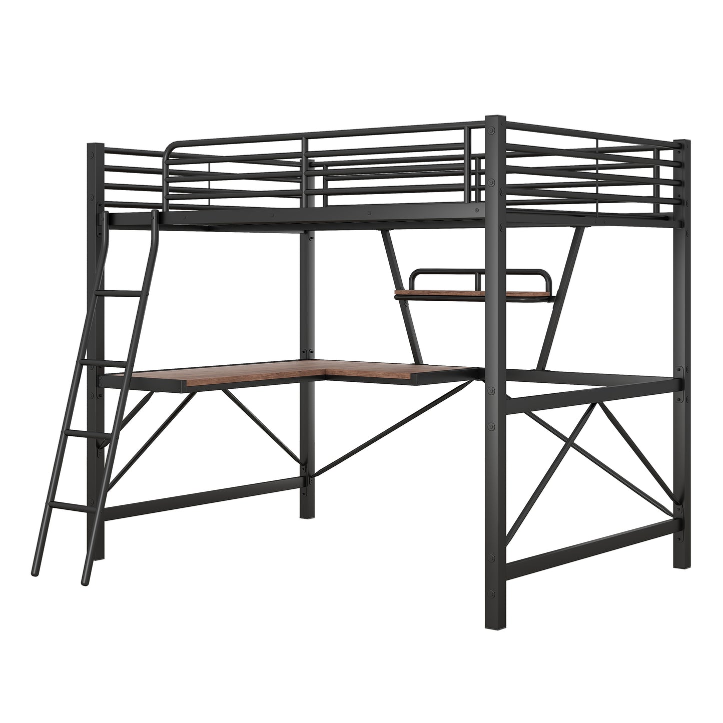 Black metal loft bed with integrated desk and ladder