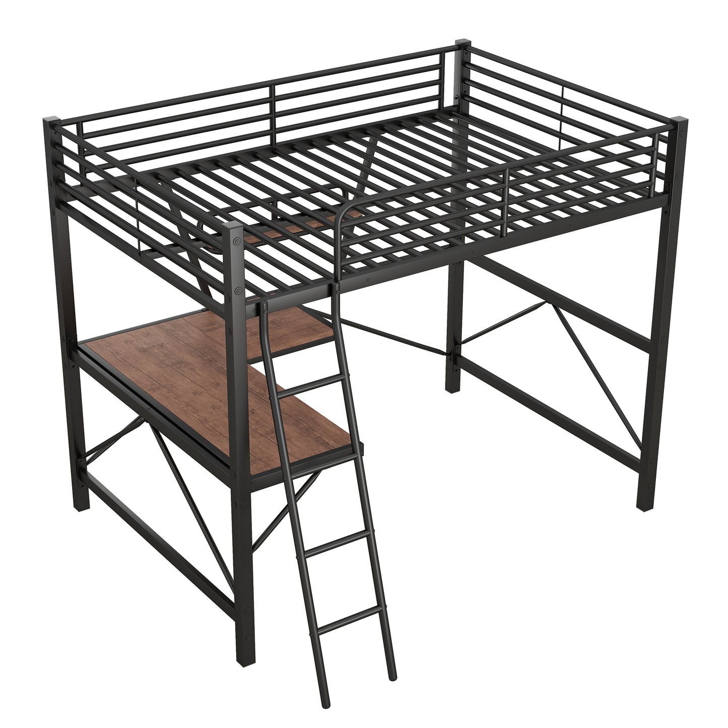 Black metal loft bed with wood desk and ladder