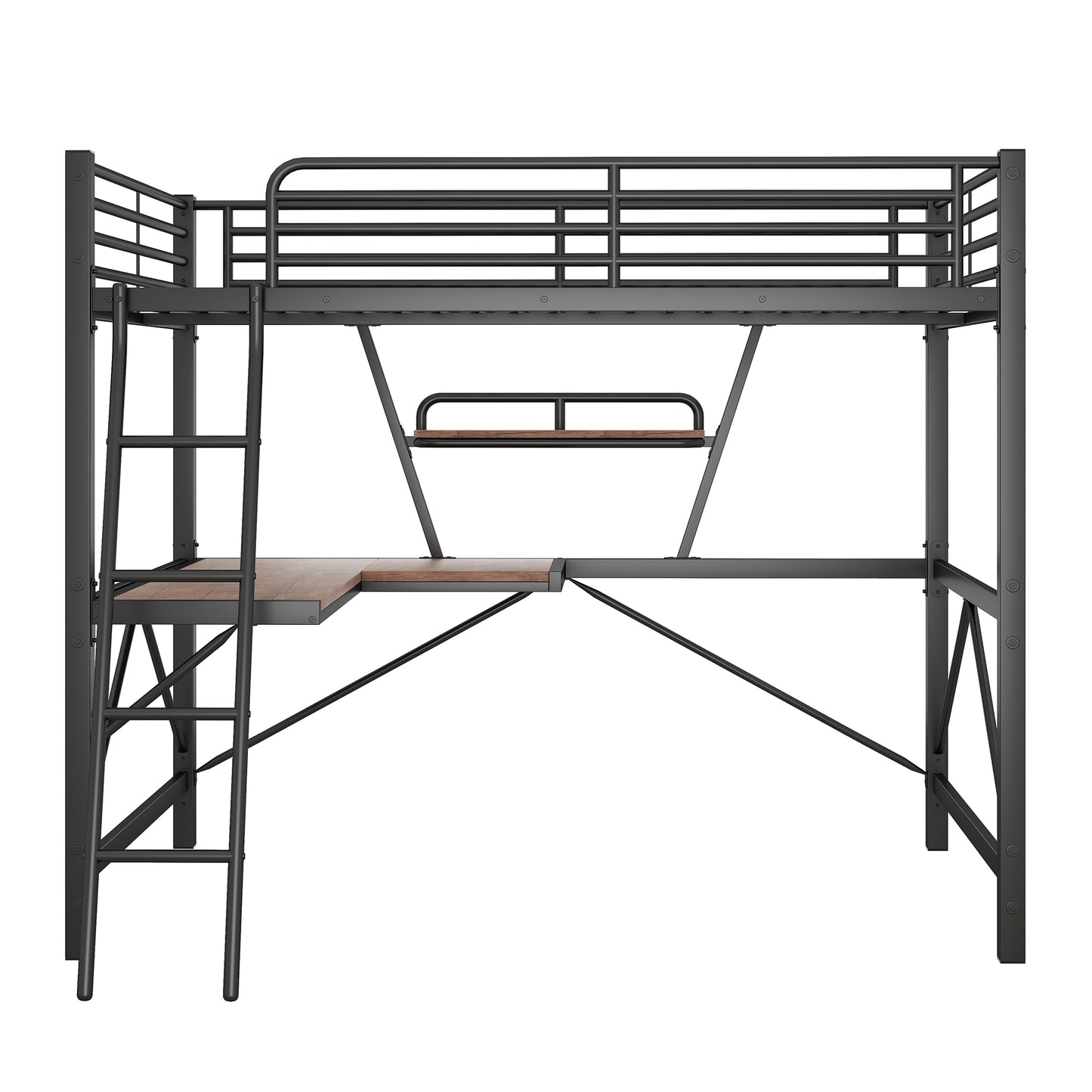 Black metal loft bed with integrated desk and ladder ideal for small spaces