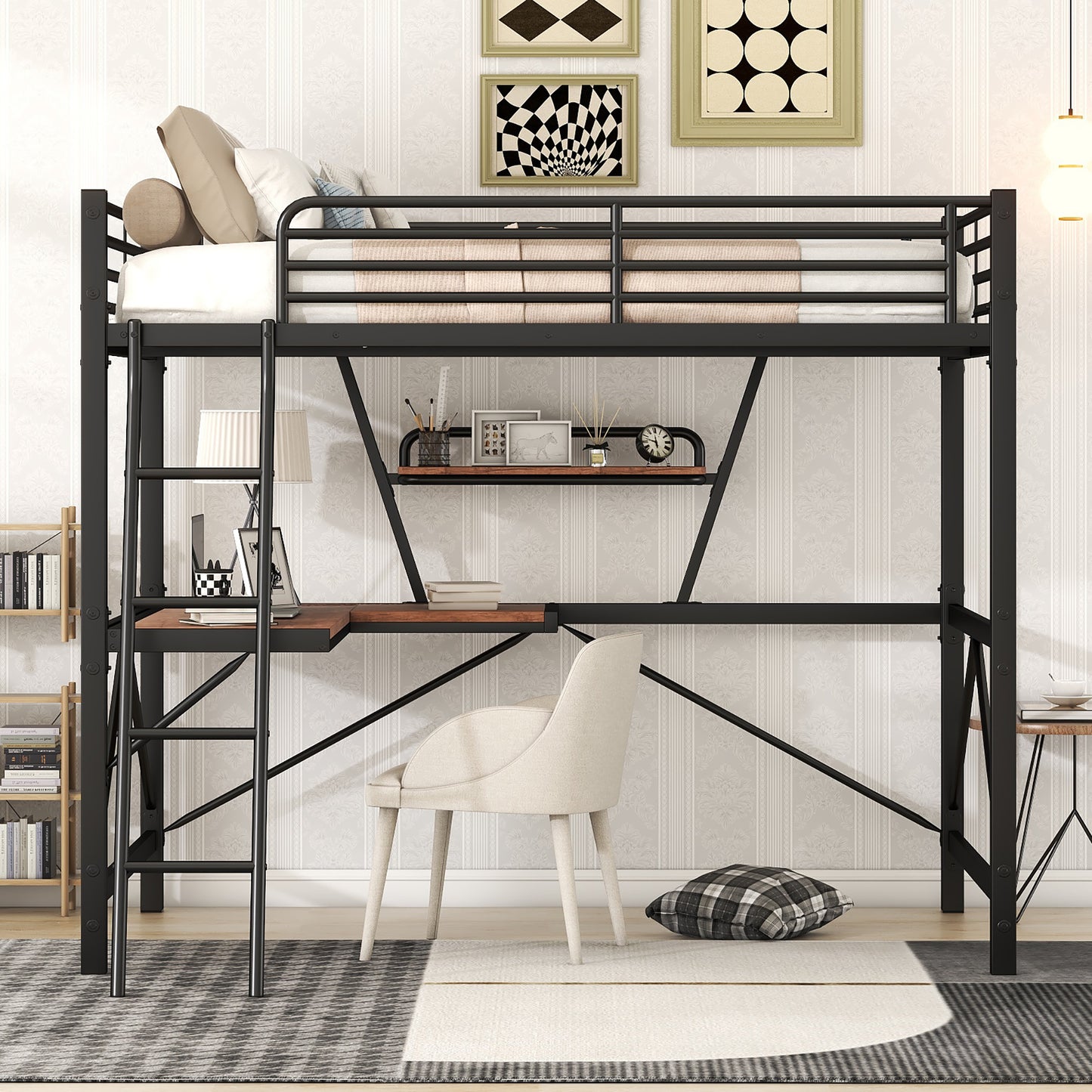 Black metal loft bed with integrated desk and ladder ideal for small spaces