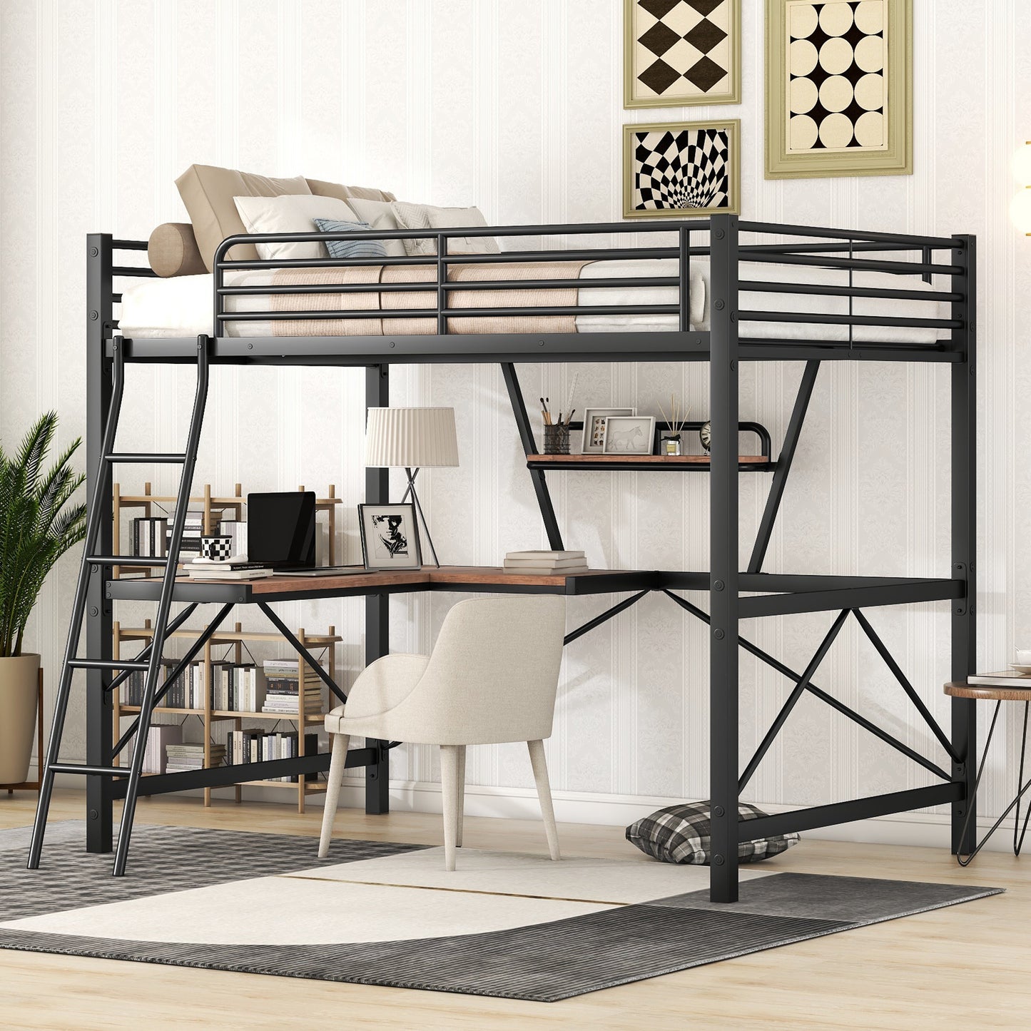Black metal loft bed with desk and integrated shelving featuring a twin mattress and beige bedding