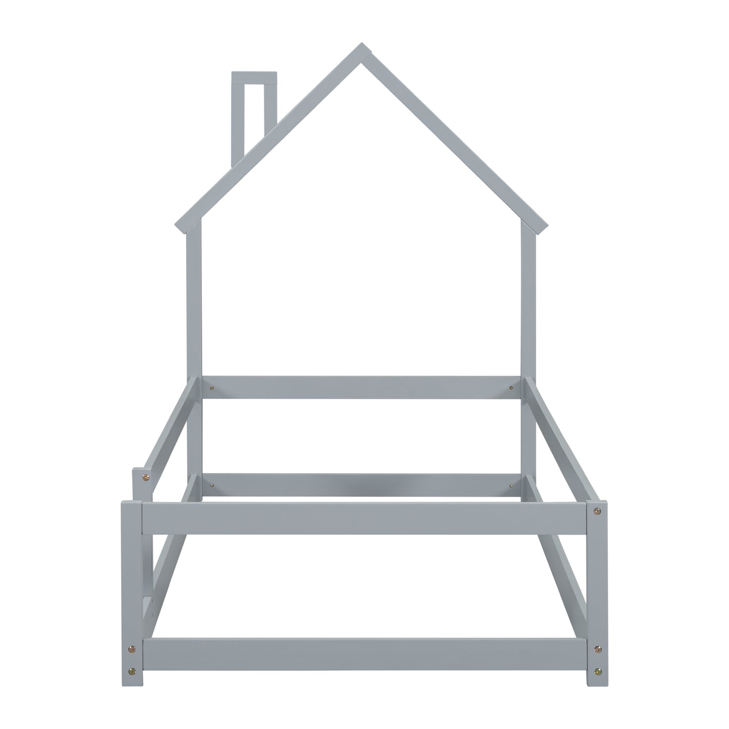 Gray wooden house bed frame with a sloped roof design