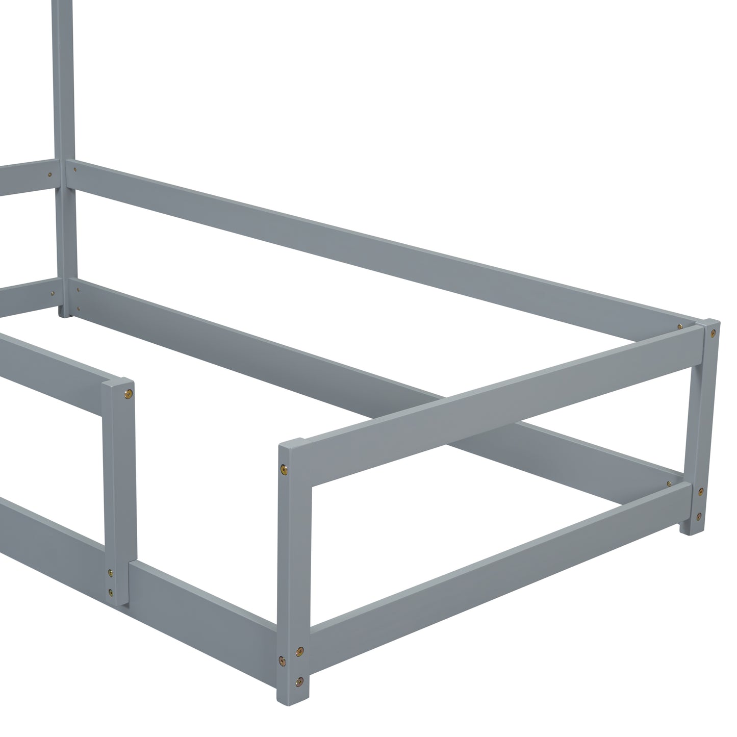 Gray wooden bed frame with canopy posts