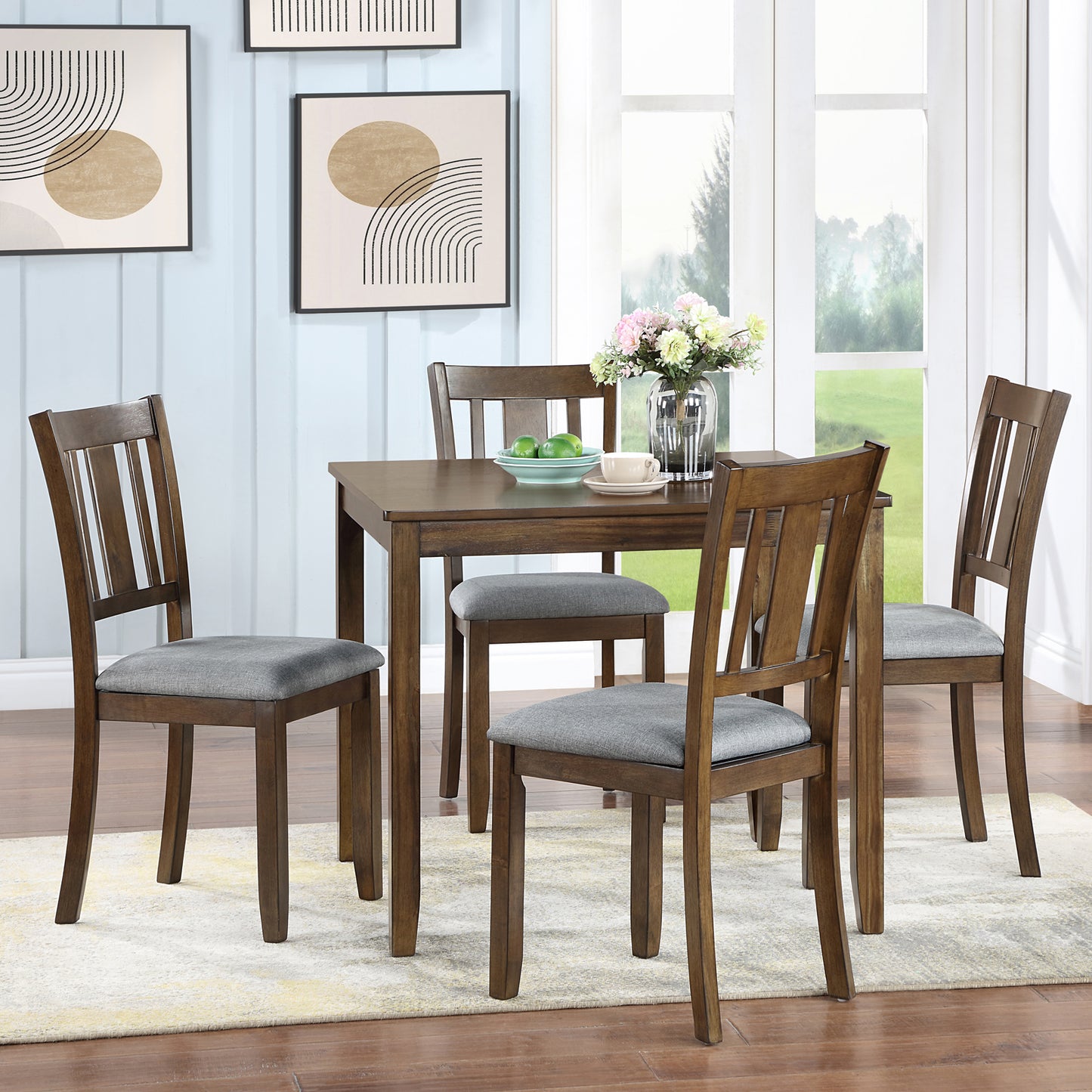 Dark walnut dining set with four gray upholstered chairs for small spaces