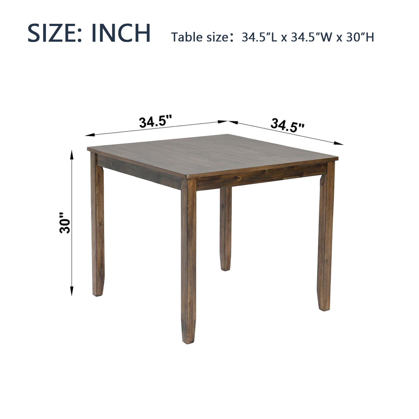 Square dining table with rich brown wood finish x top and height