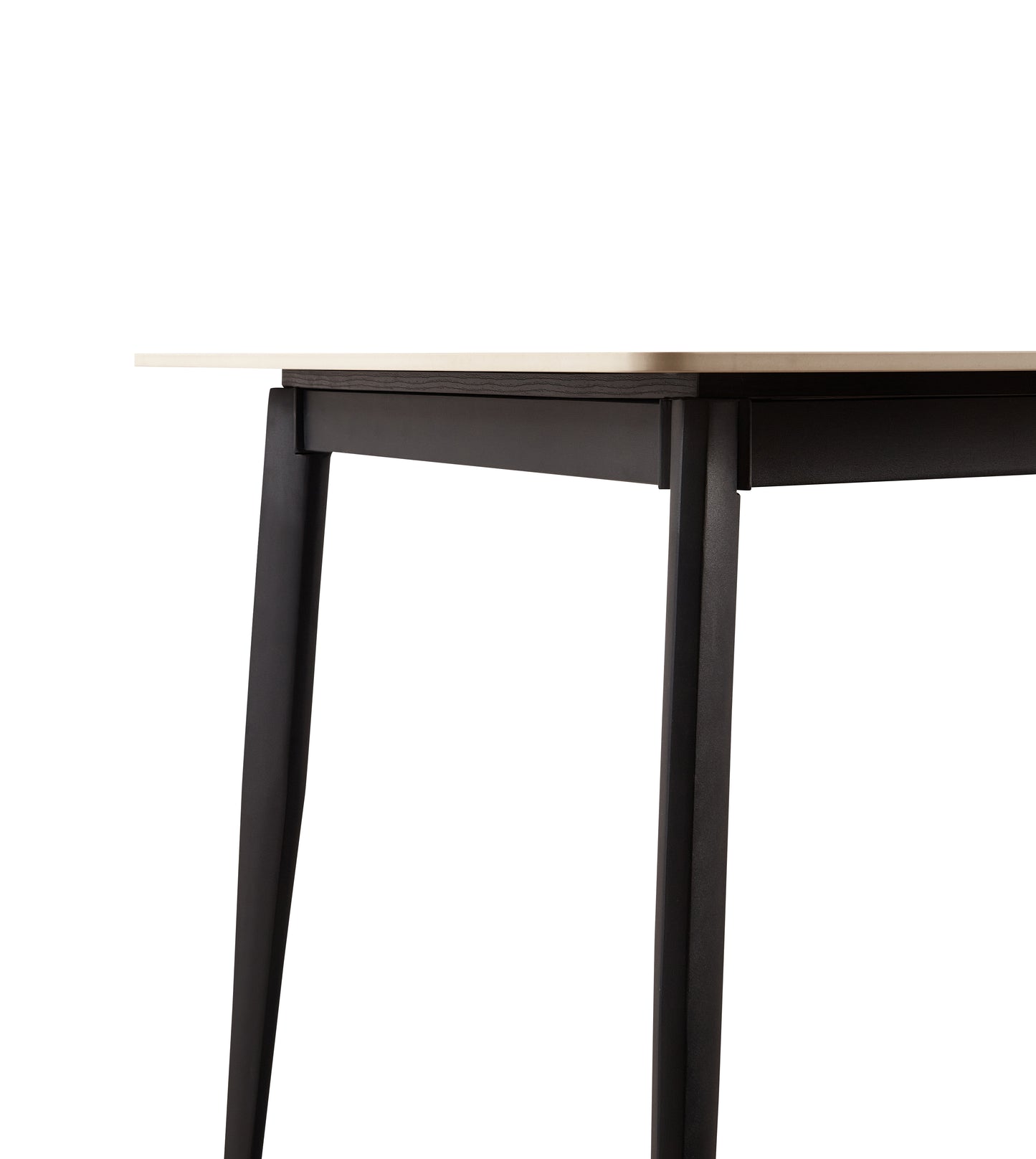 Modern dining table with a light wood veneer top and black metal legs