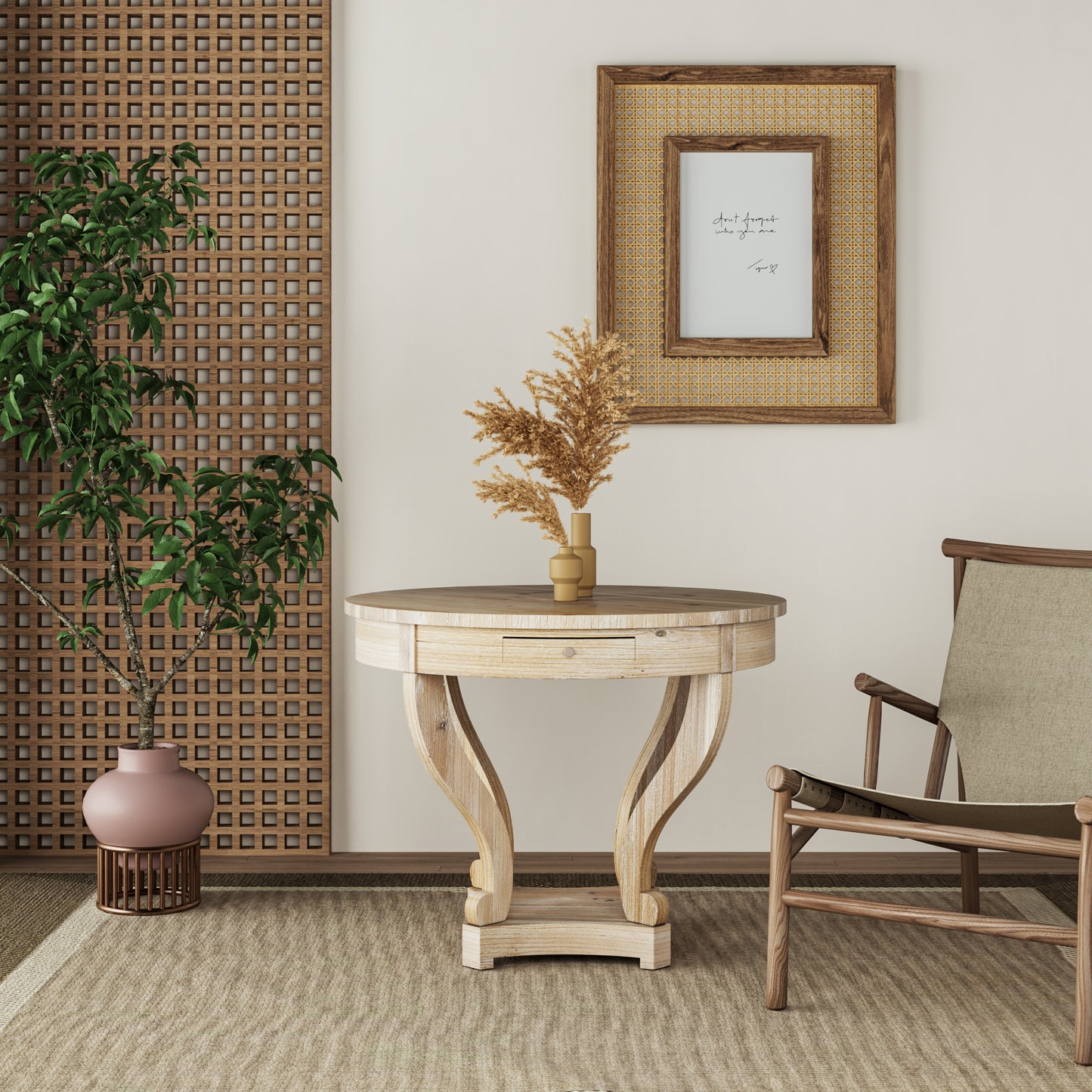 Rustic wood console table with a drawer and curved legs