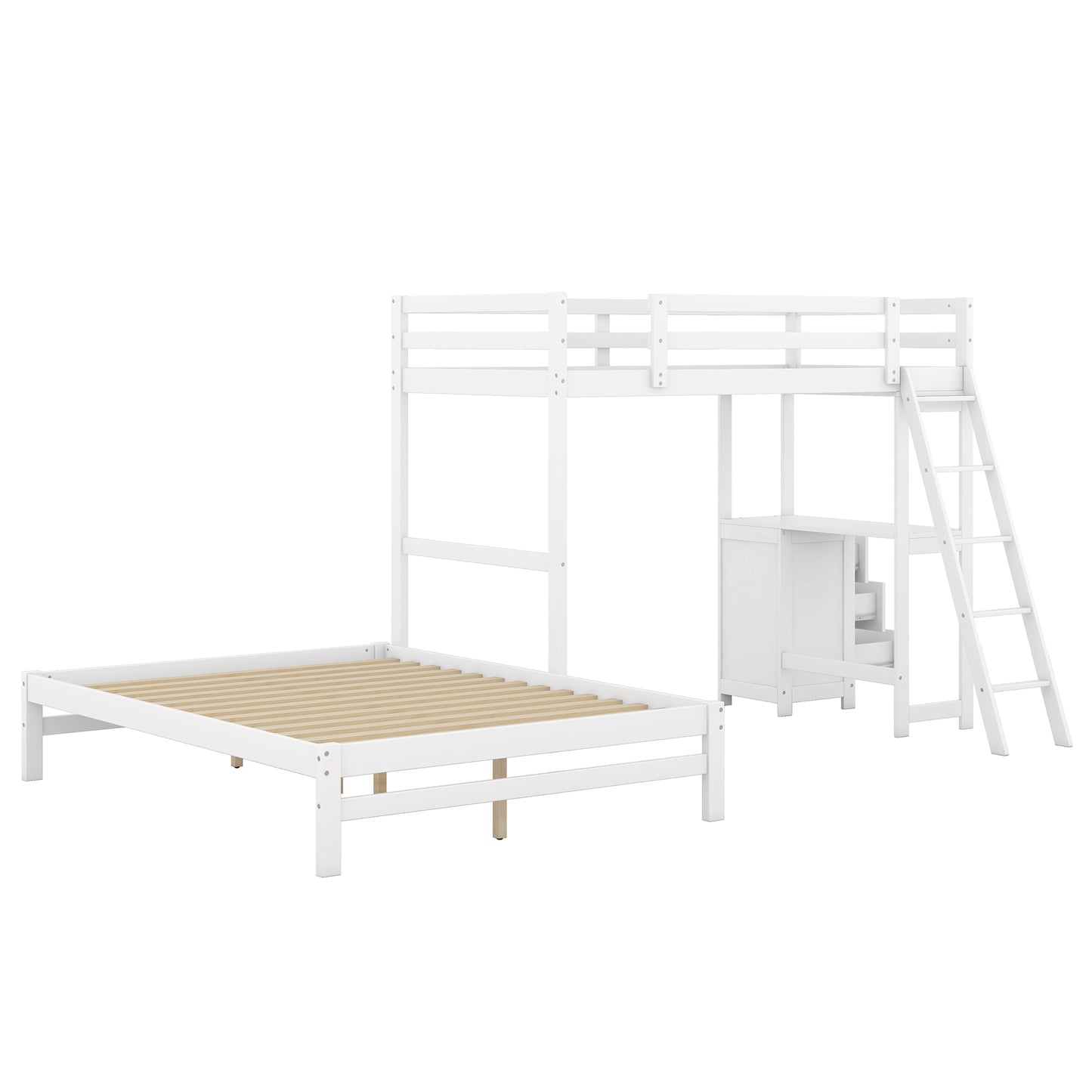White wooden loft bed with integrated desk and ladder