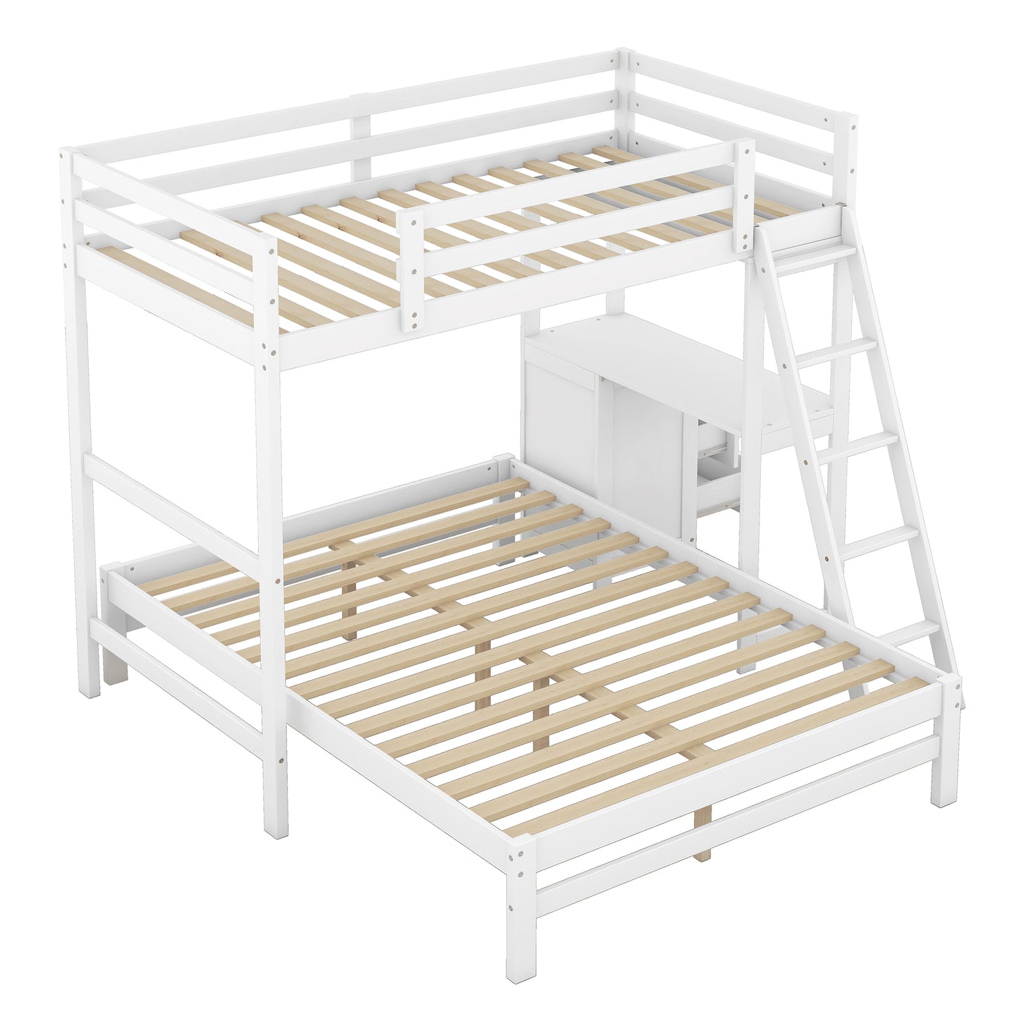 White wooden bunk bed with desk and ladder