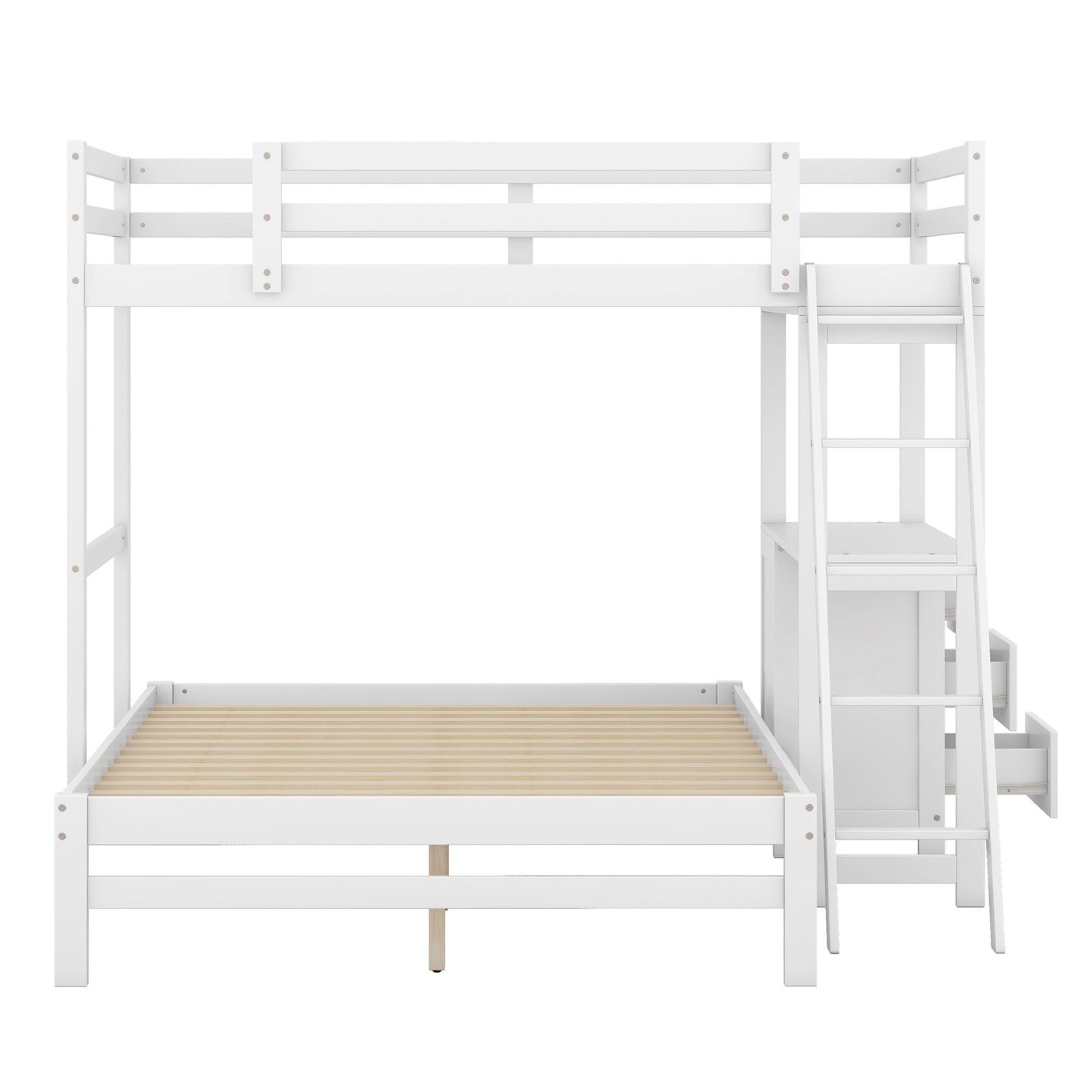 White wooden bunk bed with desk and stairs
