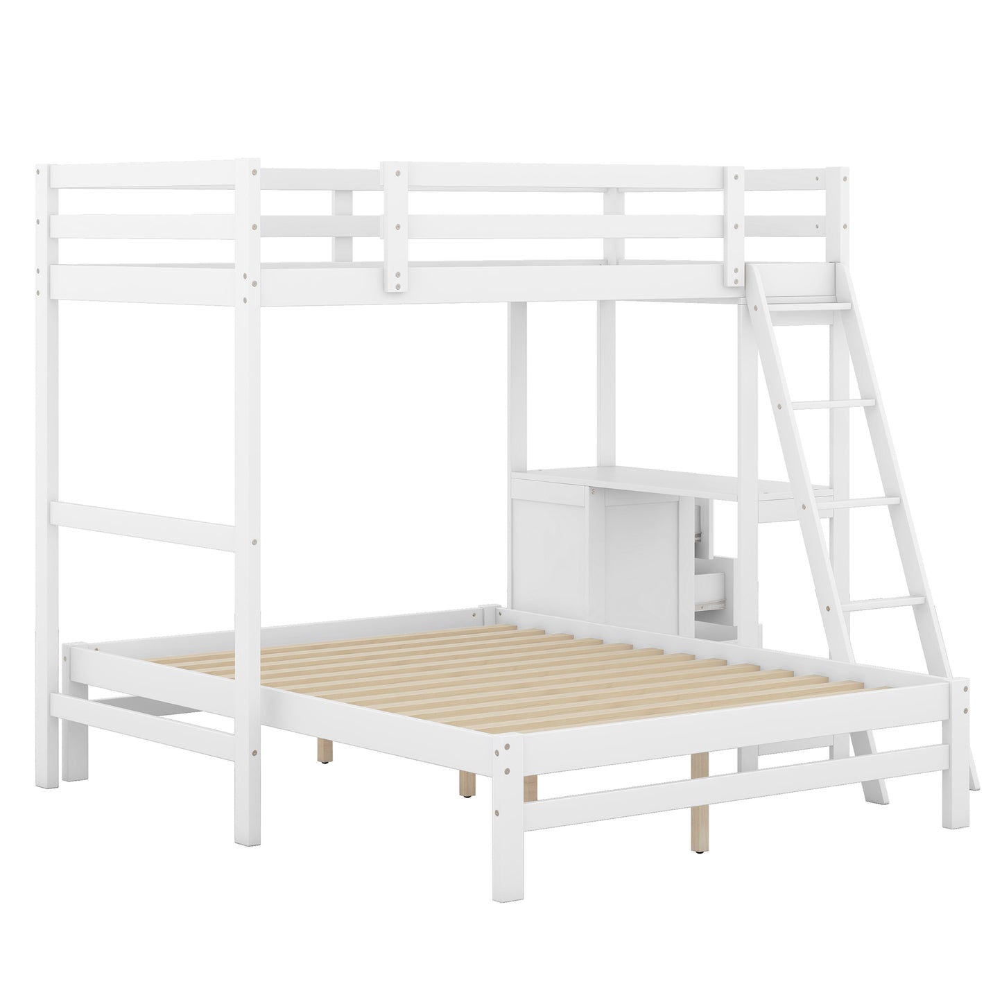 White wooden bunk bed with integrated desk and ladder
