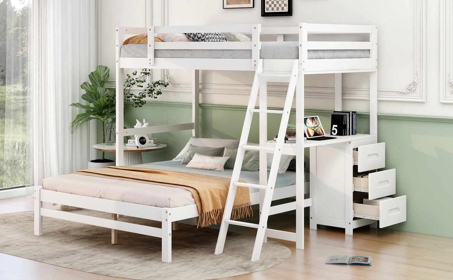 White wooden twin loft bed with integrated desk and drawers