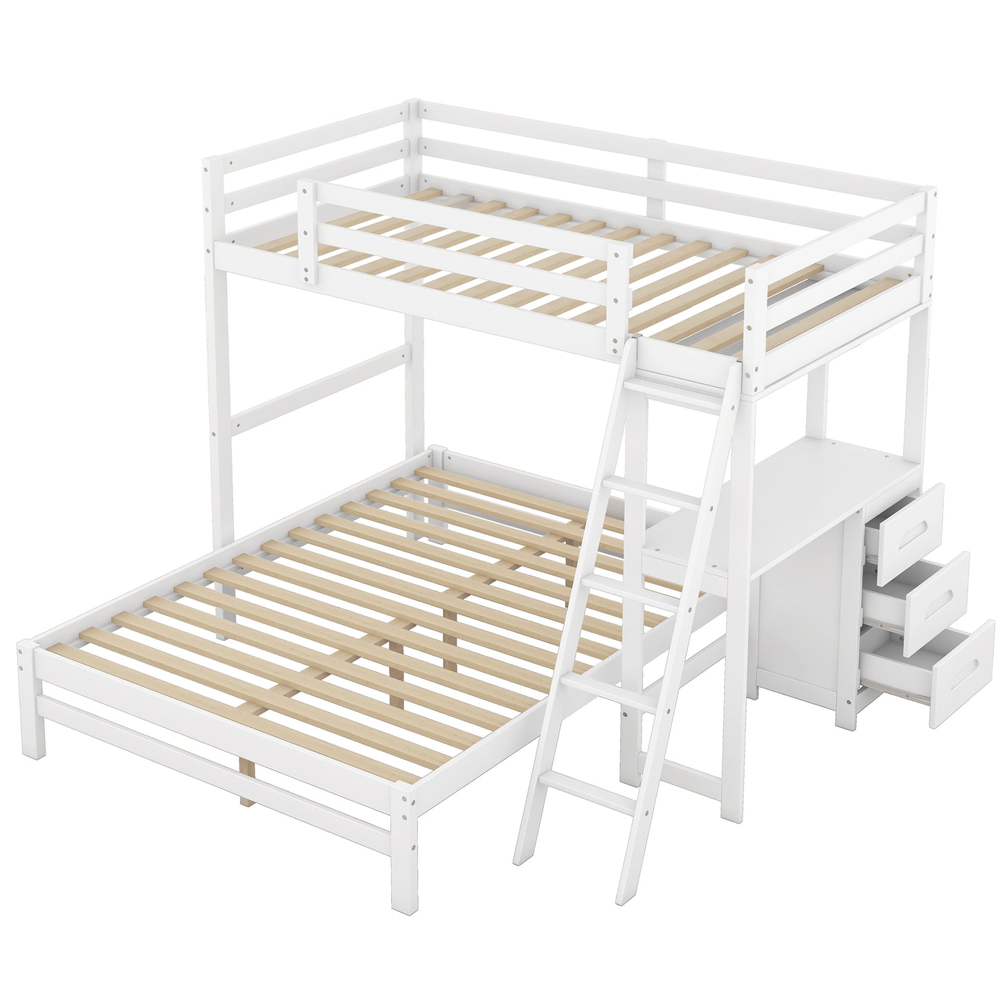 White wooden bunk bed with desk and drawers