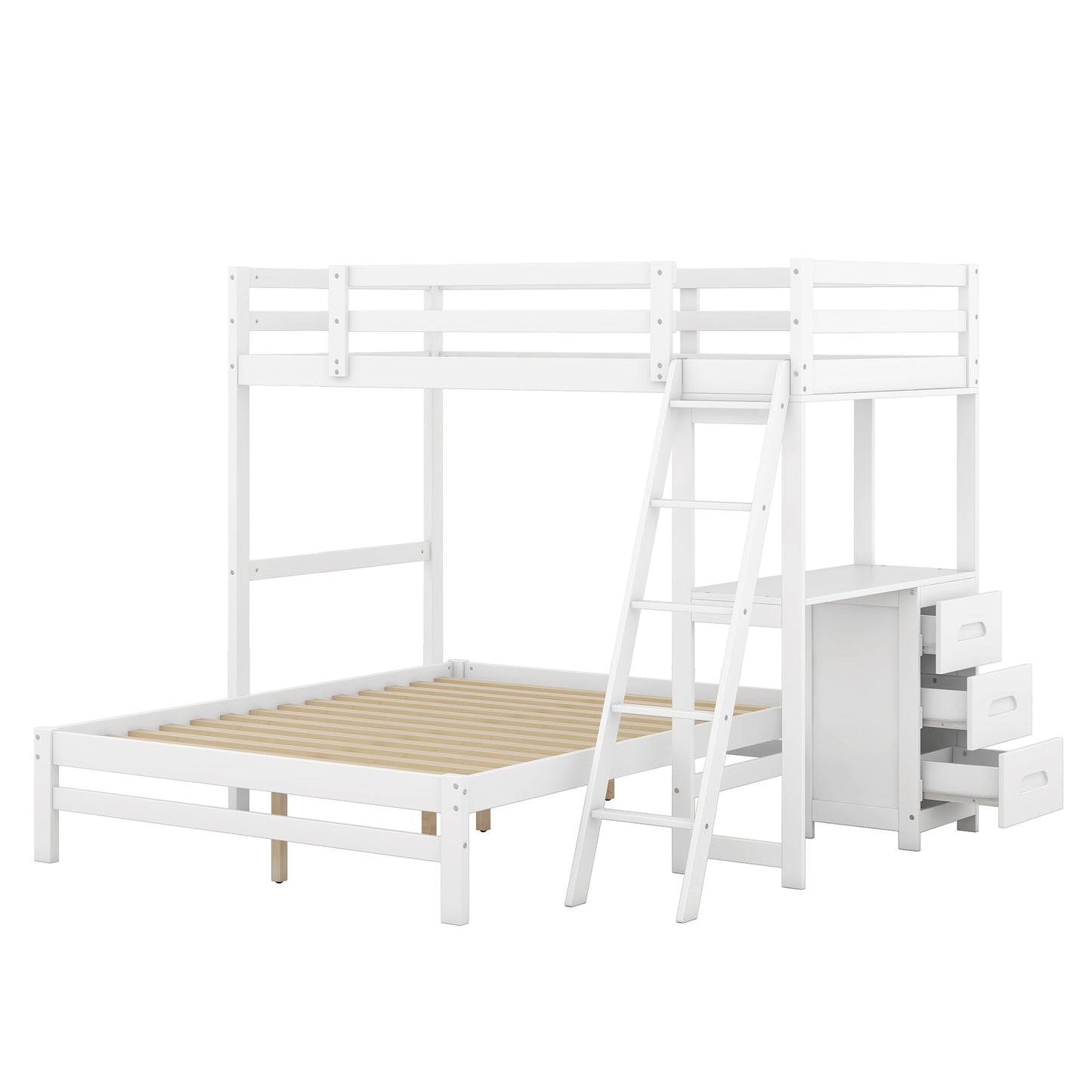 White wooden bunk bed with integrated desk and ladder