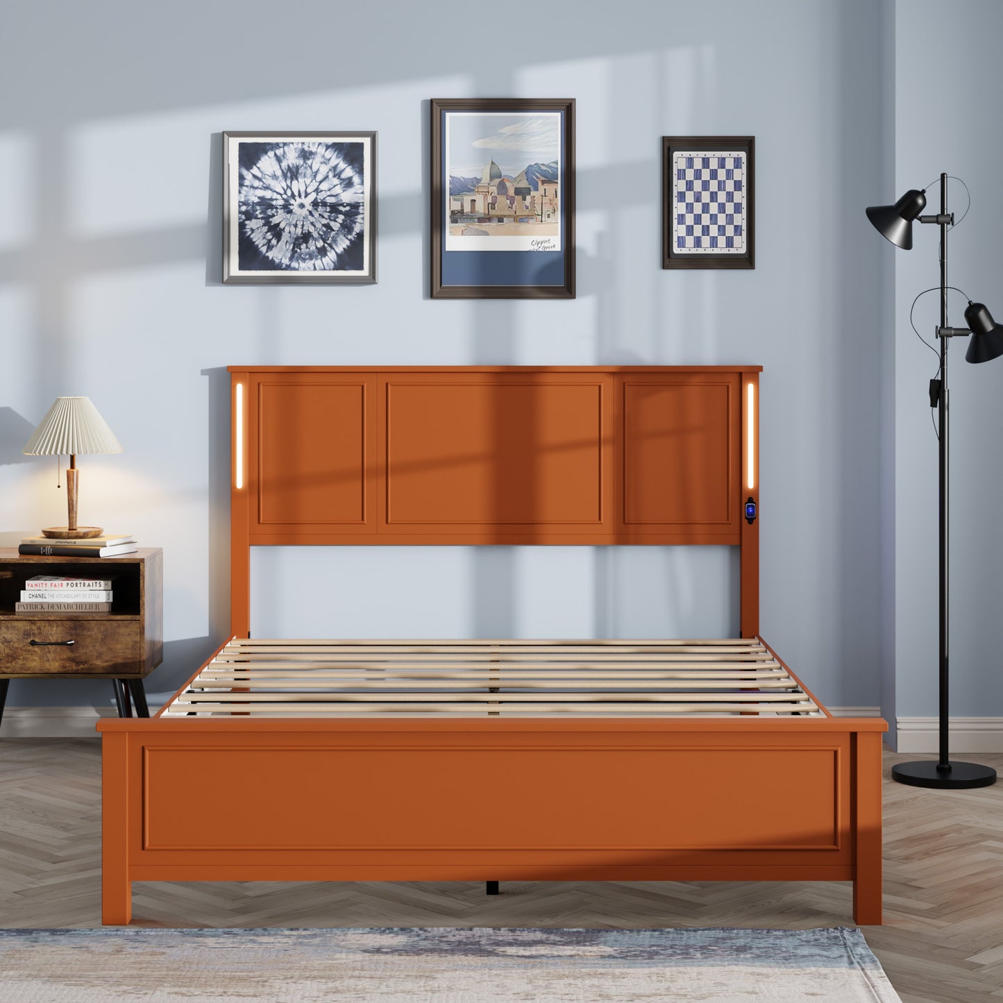 Orange wood bed frame with integrated LED headboard lighting