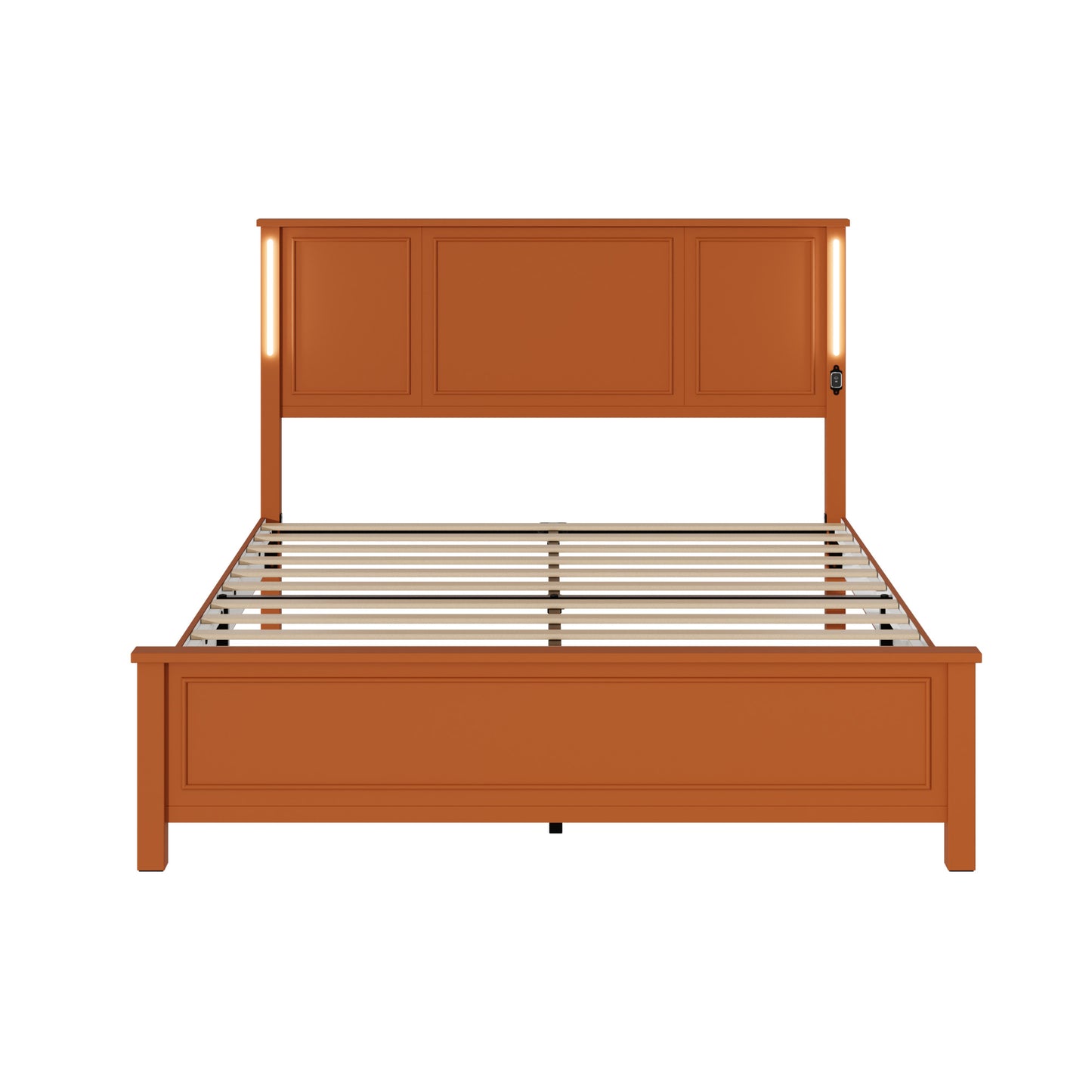 Orange modern wood platform bed frame with integrated headboard lighting
