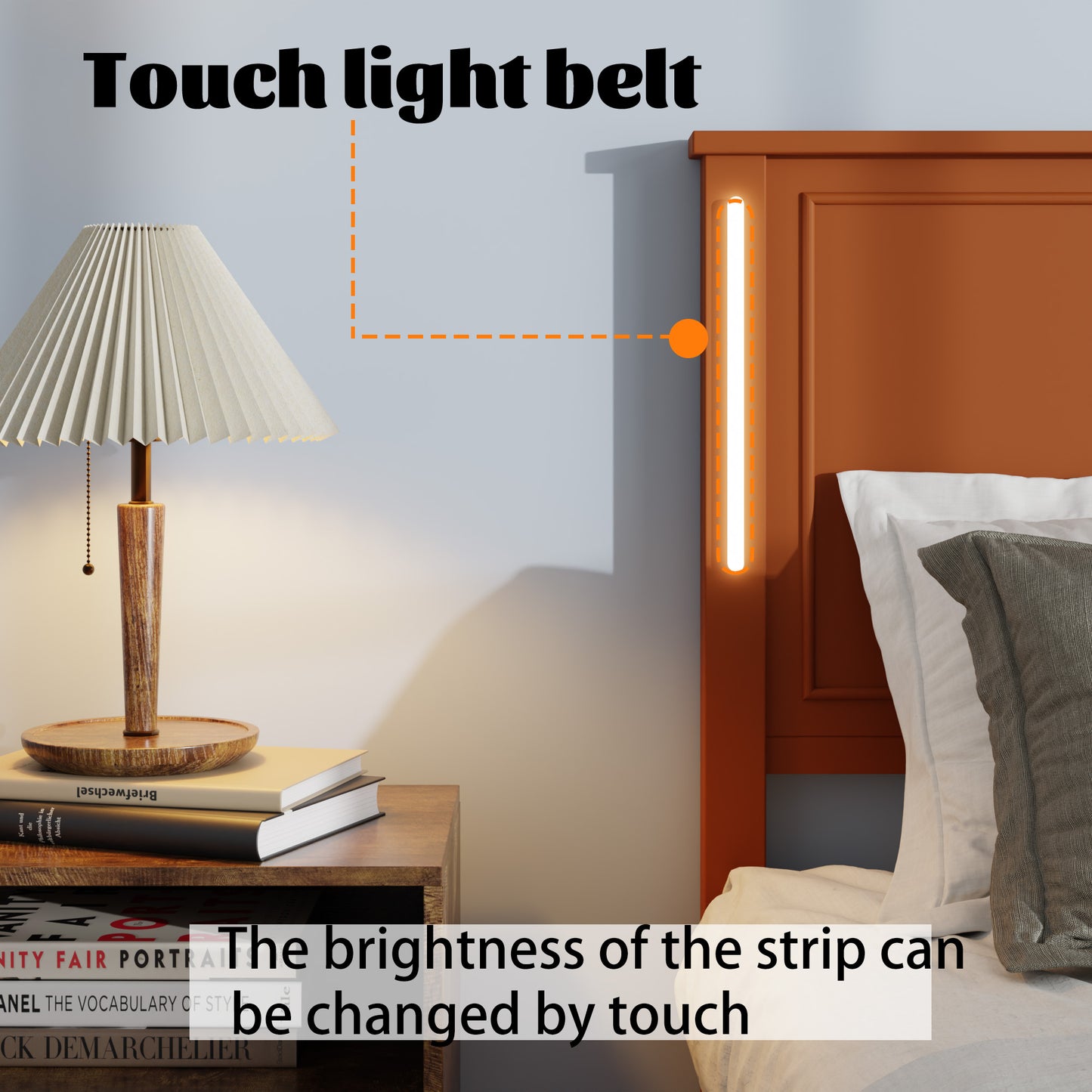 Elegant bedside lamp with pleated fabric shade and woodgrain base